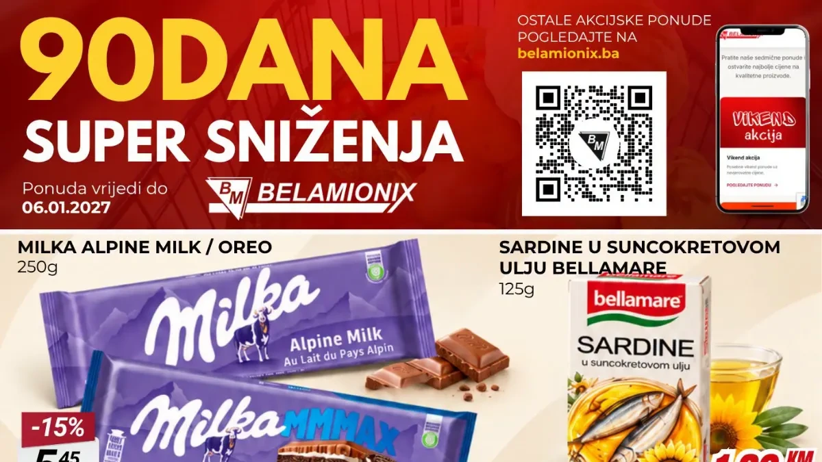 Belamionix 90 dana super sniženja do 6.1.2027. – Milka Alpine Milk i Oreo čokolade 250 g za 5,45 KM i Bellamare sardine 125 g za 1,80 KM