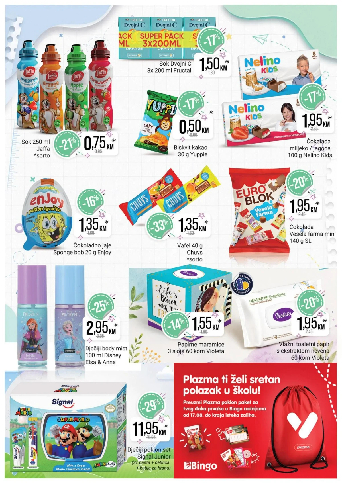 Bingo školska akcija – dječji sokovi, slatkiši, higijena i Signal poklon set uz popuste do 33%
