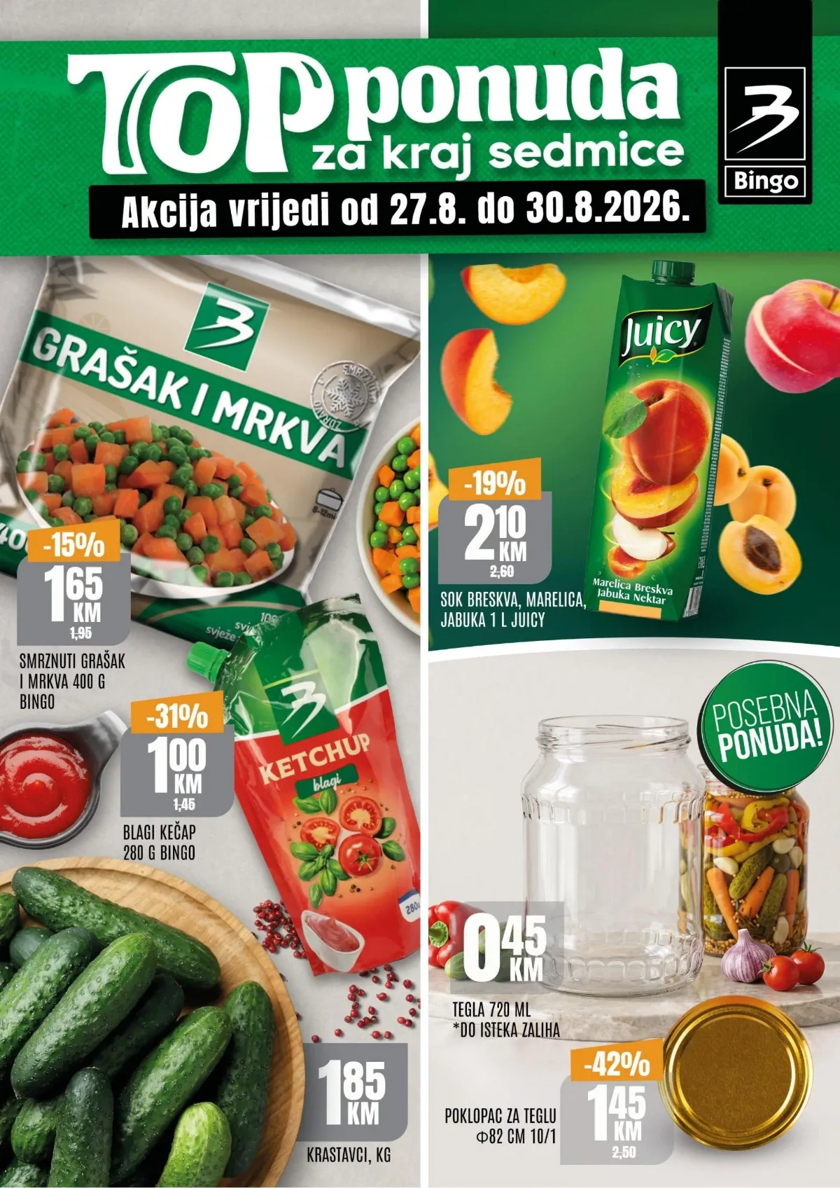 Bingo TOP ponuda od 27.08. do 30.08.2026. – vikend sniženja hrane, pića i proizvoda za domaćinstvo do 42%