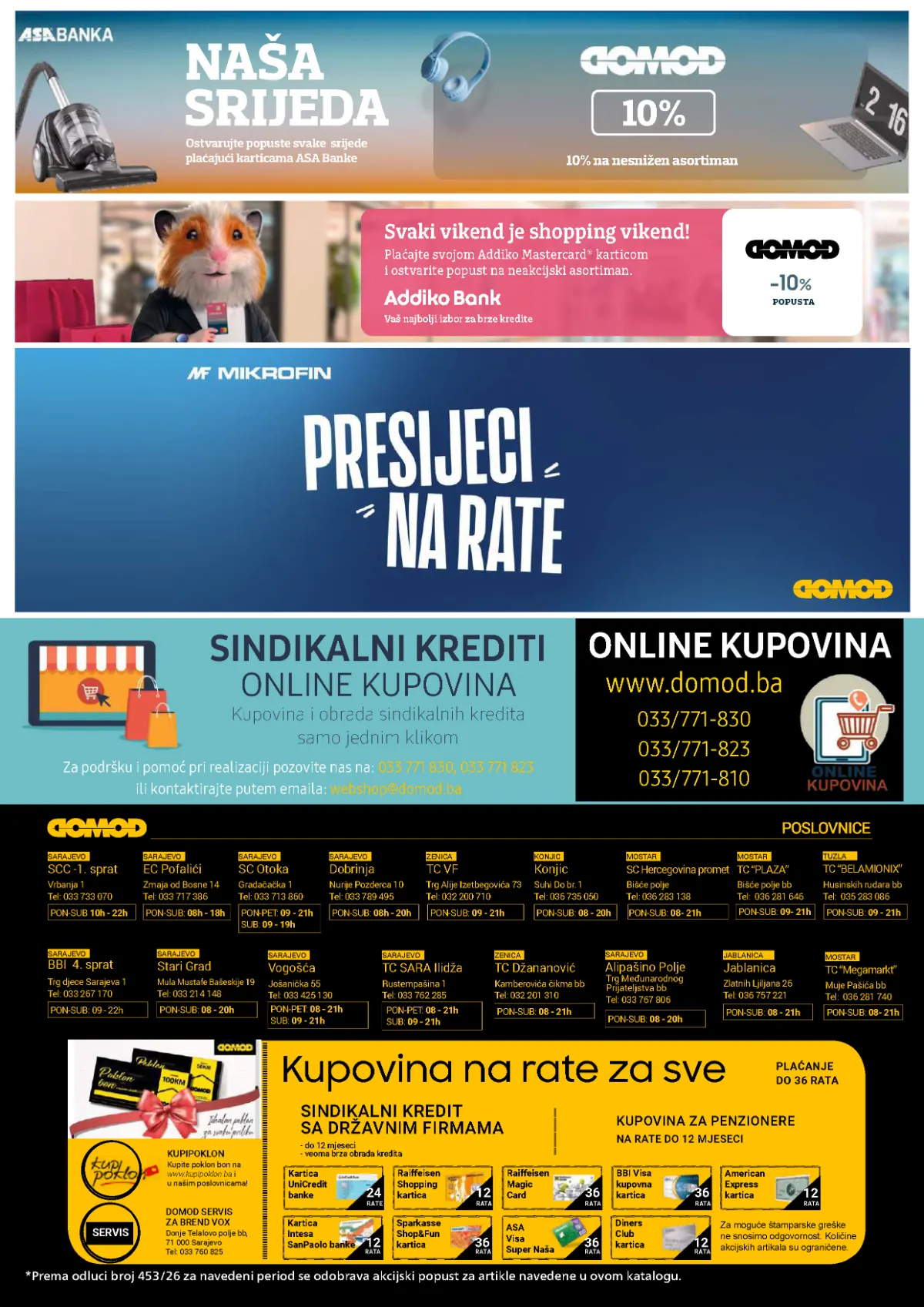 DOMOD katalog, stranica 16 – načini plaćanja, kupovina na rate, kontakti i adrese poslovnica