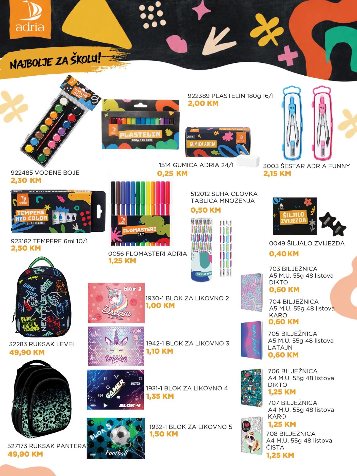 FIS školska akcija – Adria vodene boje, tempere, plastelin, flomasteri, bilježnice i ruksaci