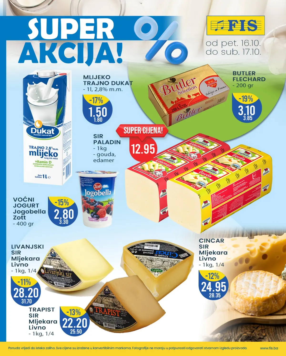 FIS vikend akcija 16–17.10.2026. – Dukat mlijeko 1,50 KM, maslac Flechard 3,10 KM i sir Paladin 12,95 KM/kg
