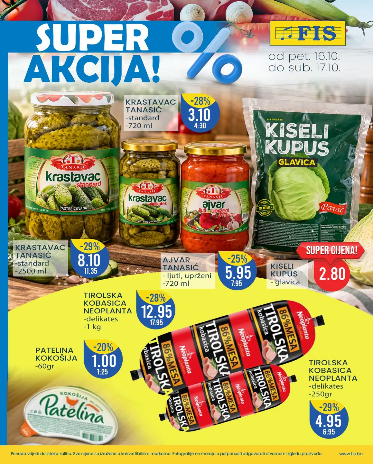 FIS vikend akcija 16–17.10.2026. – Tanasić krastavci 2.500 ml za 8,10 KM, ajvar 5,95 KM i kiseli kupus 2,80 KM