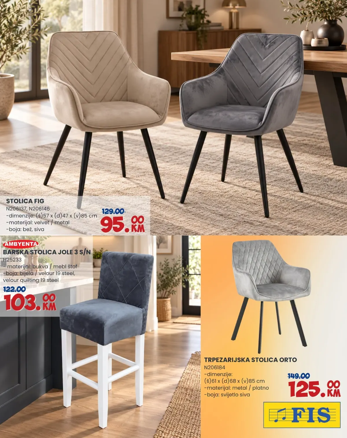 FIS katalog, stranica 4 – stolica FIG 95 KM, barska stolica JOLE 3 S/N 103 KM i trpezarijska stolica ORTO 125 KM