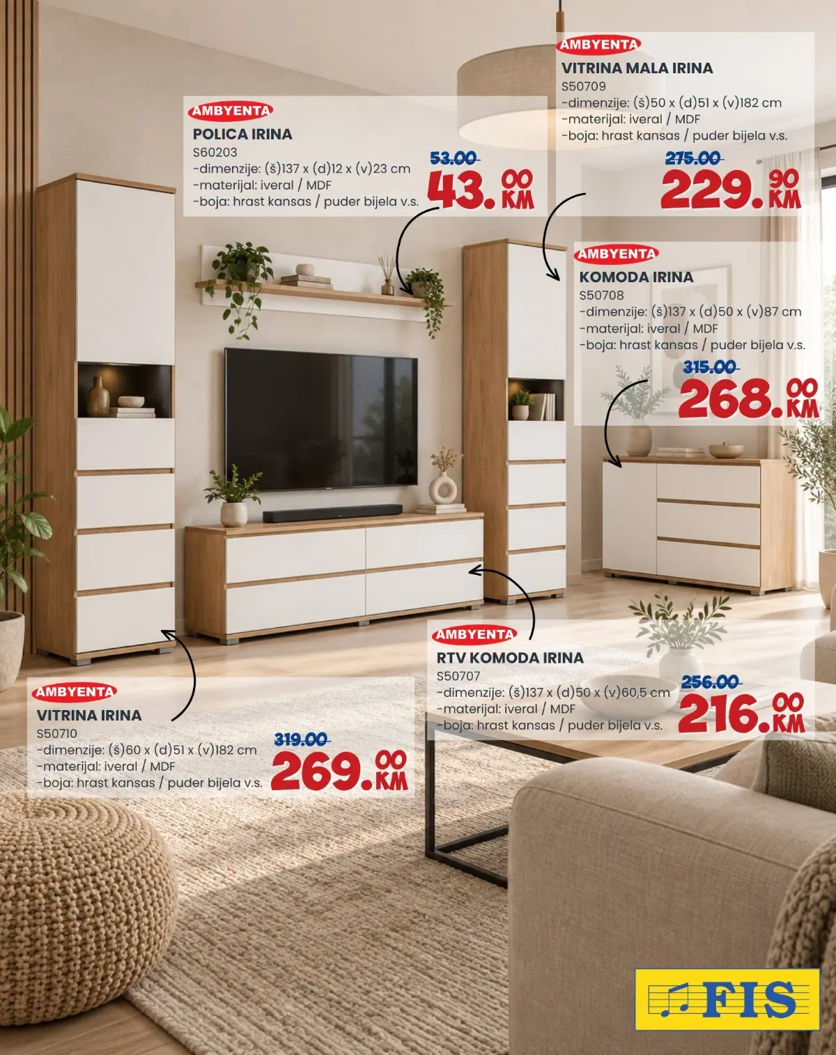 FIS katalog, stranica 5 – polica, vitrine i komode IRINA, RTV komoda 216 KM i komoda 268 KM