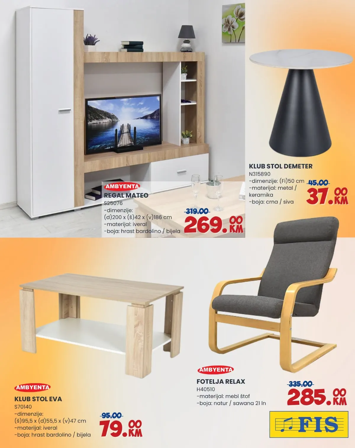FIS katalog, stranica 6 – regal MATEO 269 KM, klub stol DEMETER 37 KM, klub stol EVA 79 KM i fotelja RELAX 285 KM