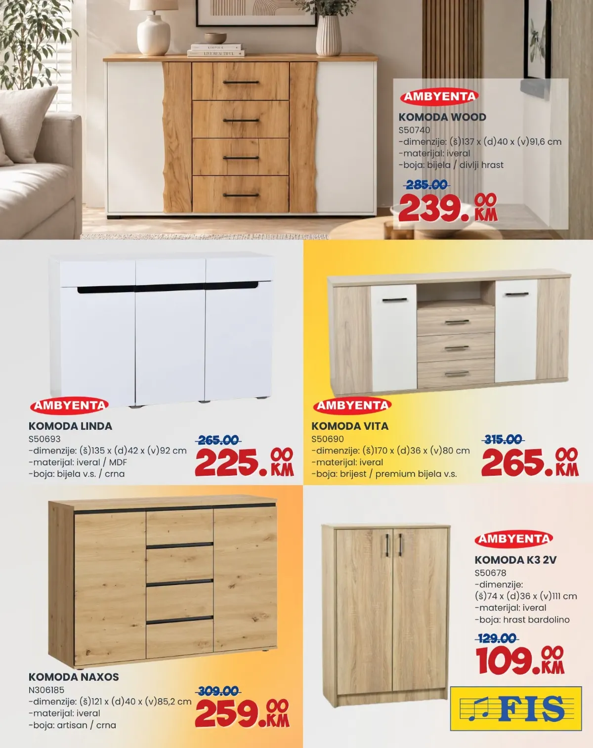 FIS katalog, stranica 8 – komode WOOD 239 KM, LINDA 225 KM, VITA 265 KM, NAXOS 259 KM i K3 2V 109 KM