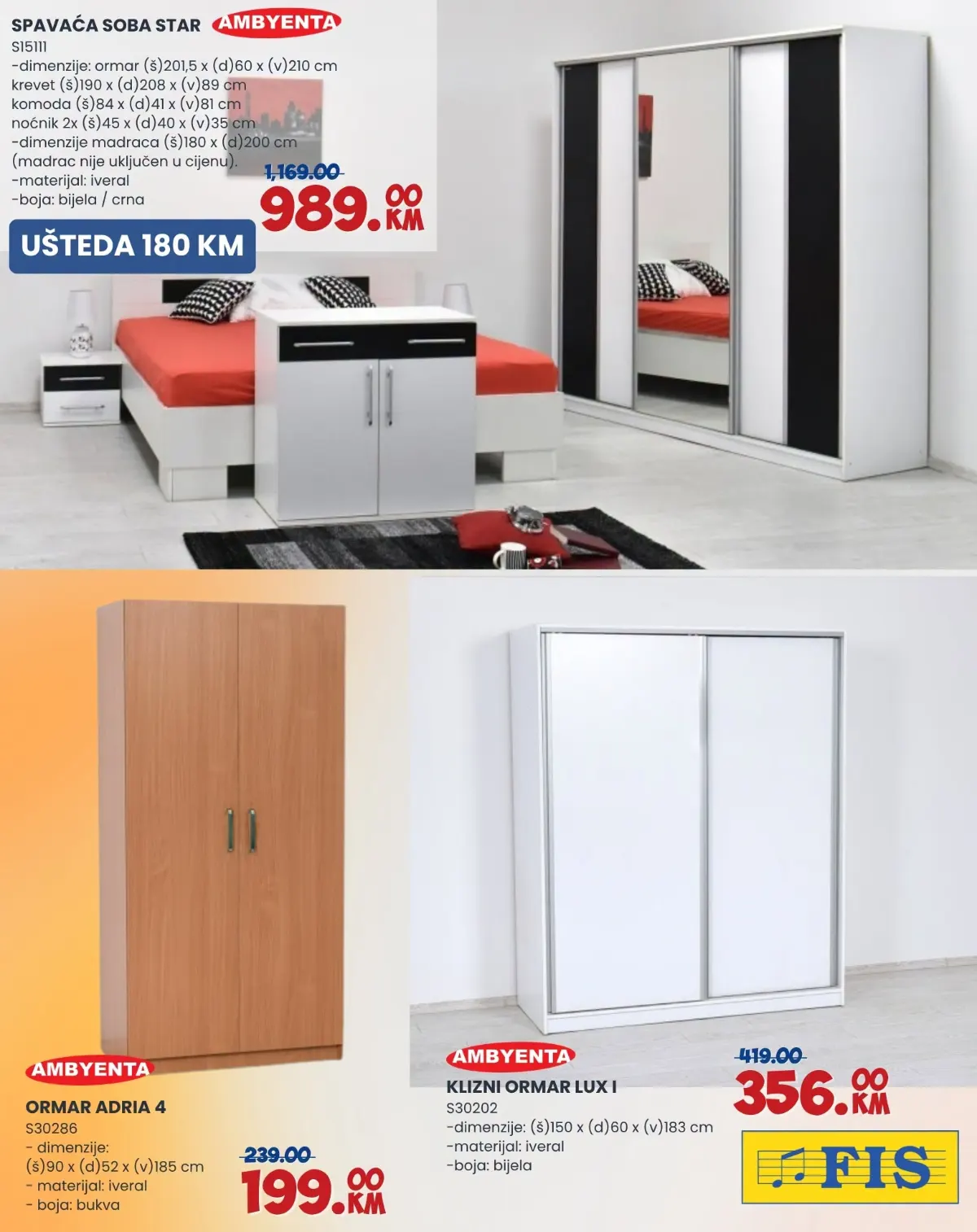 FIS katalog, stranica 10 – spavaća soba STAR 989 KM, ormar ADRIA 4 199 KM i klizni ormar LUX I 356 KM