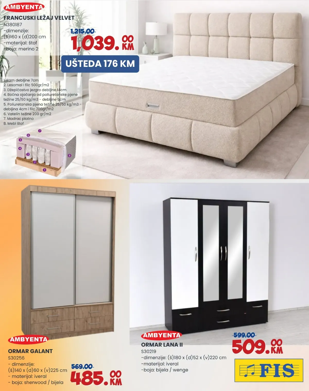 FIS katalog, stranica 11 – francuski ležaj VELVET 1.039 KM, ormar GALANT 485 KM i ormar LANA II 509 KM