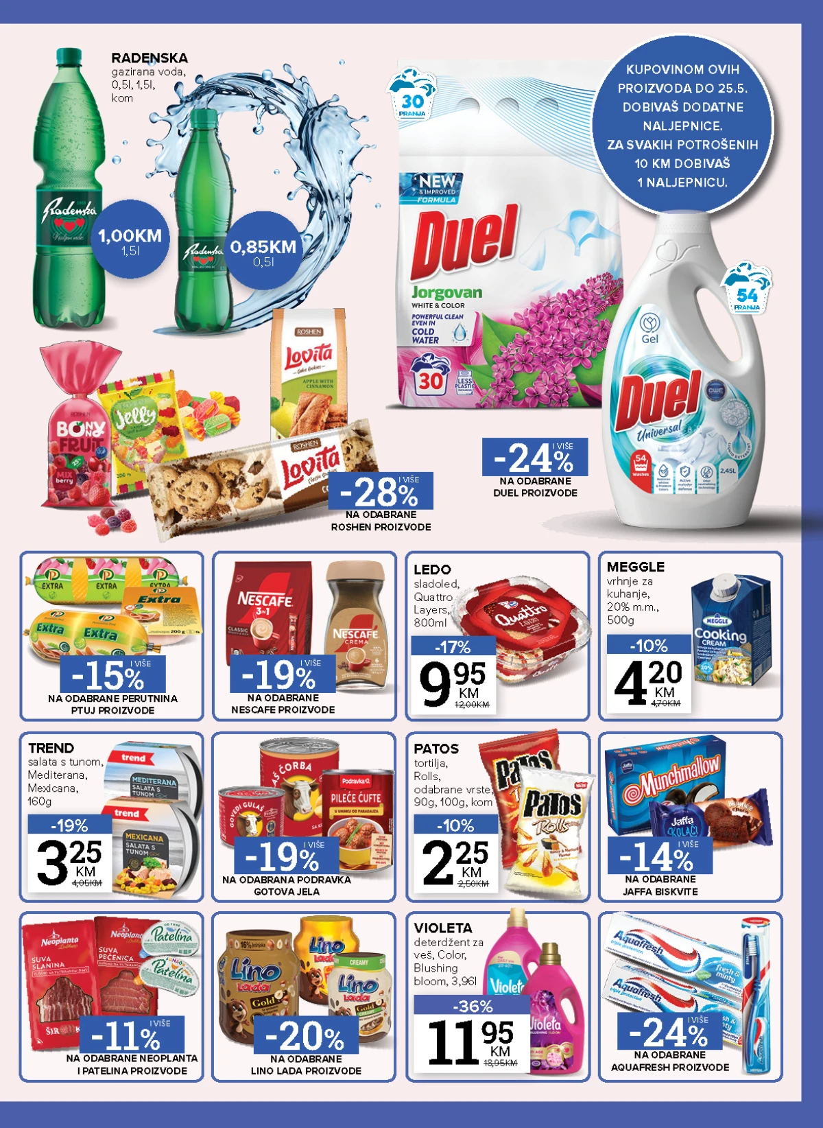 Konzum i Mercator katalog maj 2026 Duel deterdžent Quattro sladoled i Violeta akcija