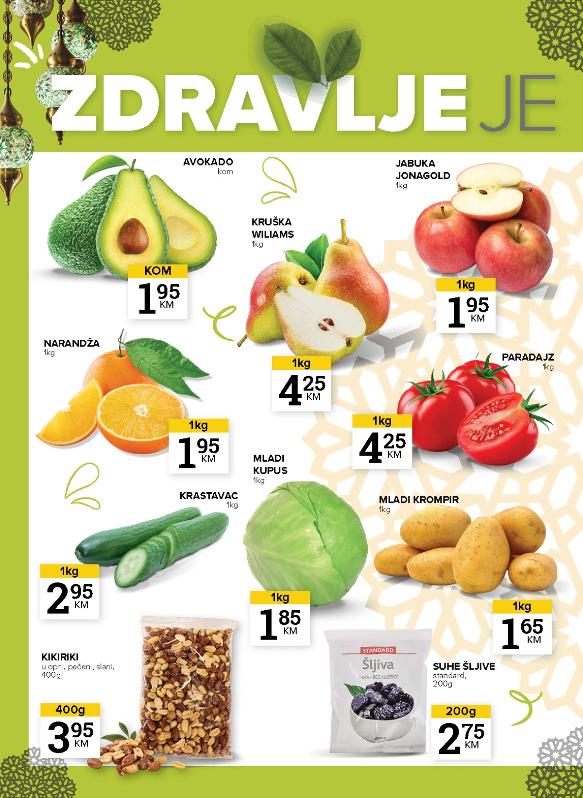 Konzum i Mercator katalog maj 2026 zdrava hrana avokado jabuka i mladi krompir akcija