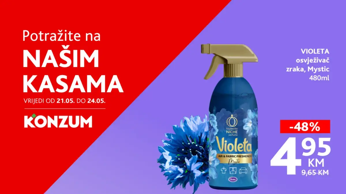 Konzum i Mercator prodaja na kasama do 24.05.2026 – Violeta baby vlažne maramice 1,95 KM i Violeta Mystic osvježivač zraka 4,95 KM