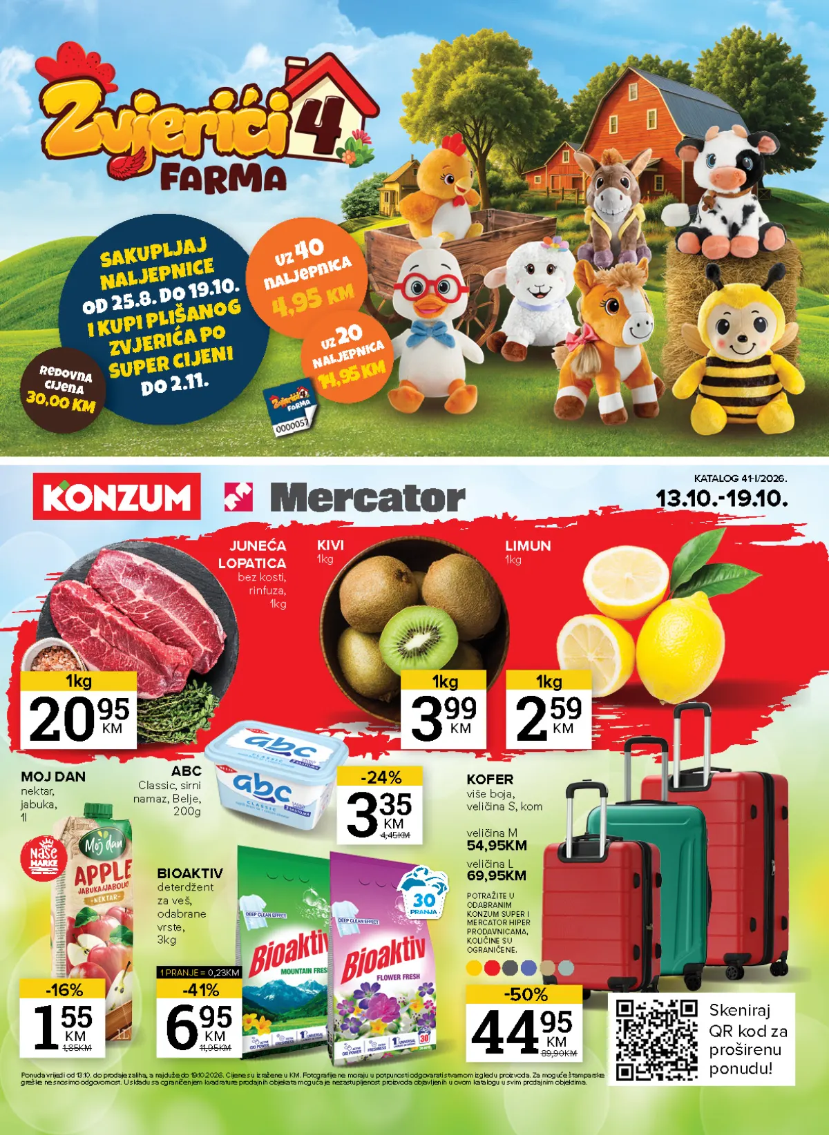 Konzum i Mercator katalog od 13. do 19.10.2026. – juneća lopatica 20,95 KM/kg, kivi 3,99 KM/kg, limun 2,59 KM/kg i Bioaktiv deterdžent 6,95 KM