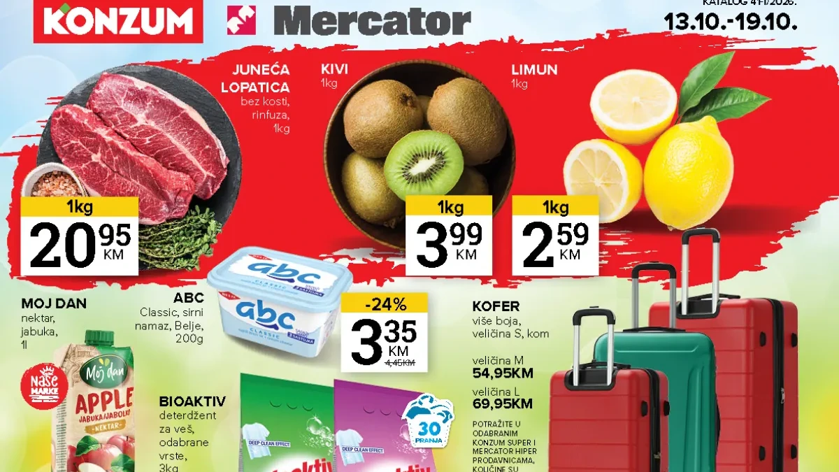 Konzum i Mercator katalog od 13. do 19.10.2026. – akcijske cijene hrane, pića, deterdženta i kofera