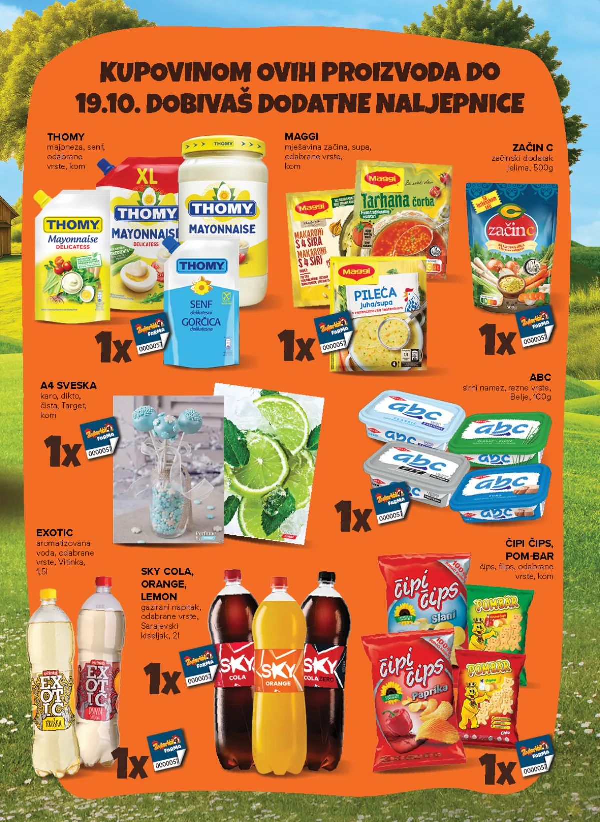 Konzum i Mercator katalog – stranica 3: dodatne naljepnice Thomy majoneza i senf, Maggi proizvodi, Začin C i ABC namazi uz dodatne naljepnice
