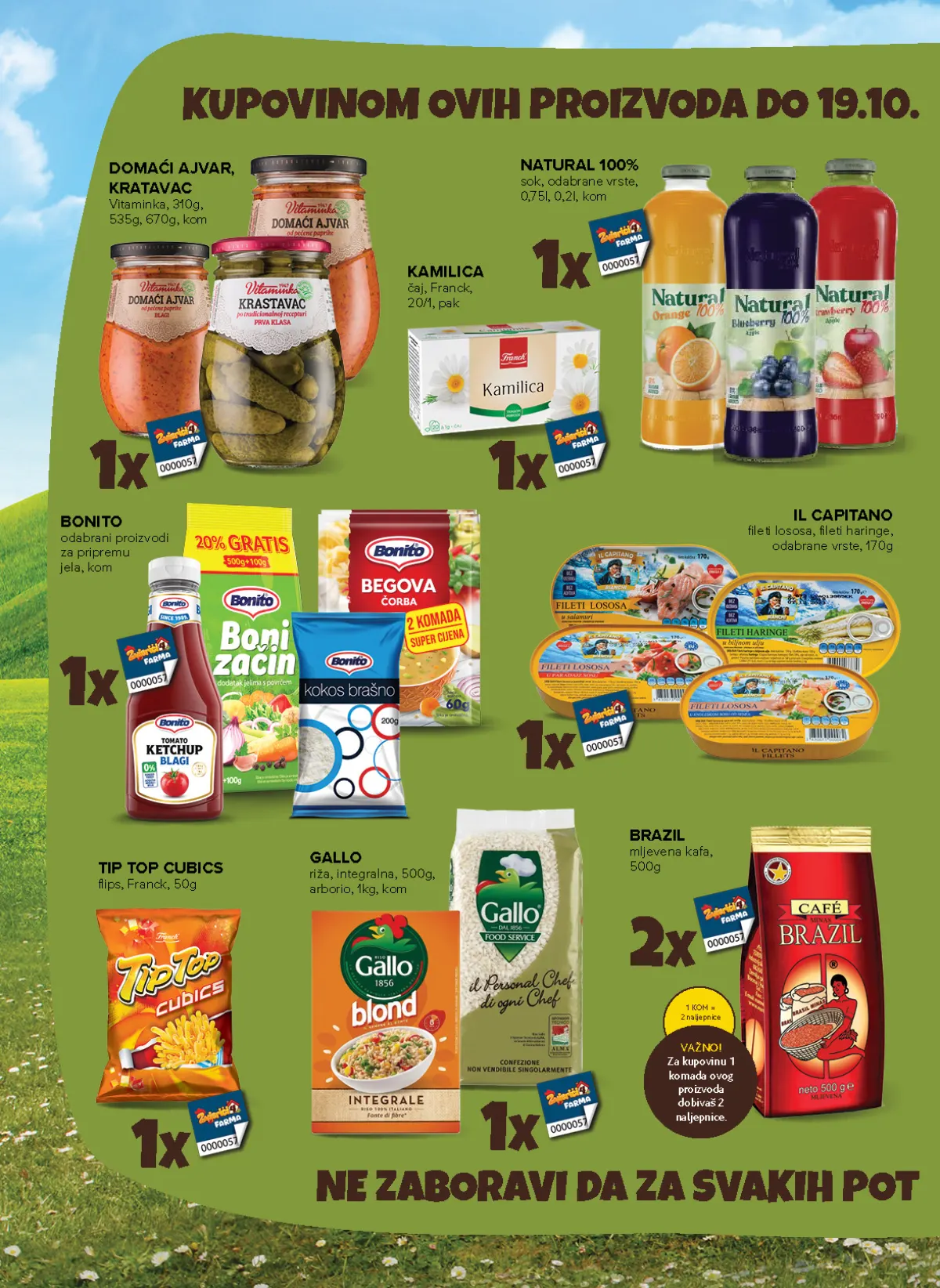 Konzum i Mercator katalog – stranica 4: prehrana i naljepnice Vitaminka ajvar i krastavci, Natural sokovi, Bonito proizvodi i Brazil kafa uz dodatne naljepnice