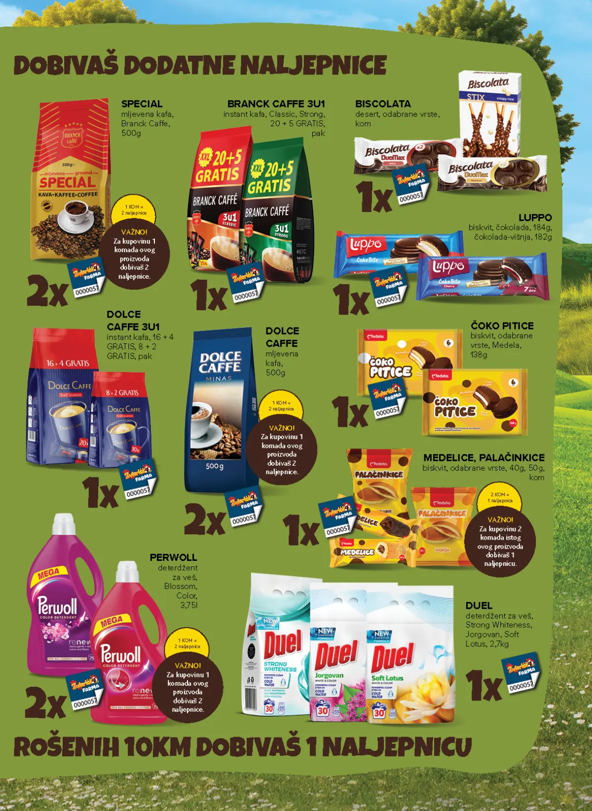 Konzum i Mercator katalog – stranica 5: kafa, slatkiši i deterdženti Franck i Dolce Caffe kafa, Biscolata i Luppo slatkiši te Perwoll i Duel deterdženti uz naljepnice