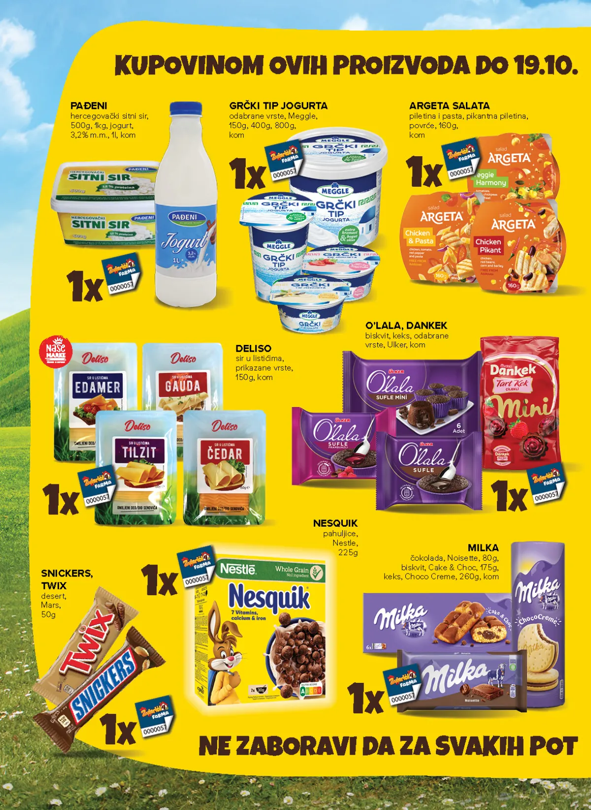 Konzum i Mercator katalog – stranica 6: mliječni proizvodi i slatkiši Pađeni sir i jogurt, Meggle grčki tip jogurta, Deliso sirevi i Milka slatkiši uz naljepnice