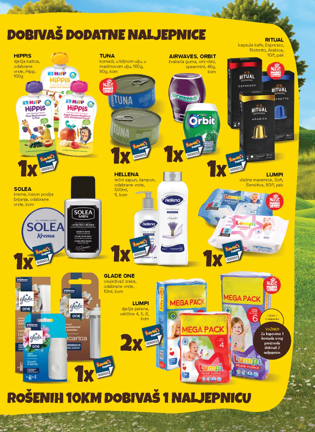 Konzum i Mercator katalog – stranica 7: proizvodi za porodicu Hippis kašice, Ritual kafa, Solea kozmetika i Lumpi pelene uz dodatne naljepnice
