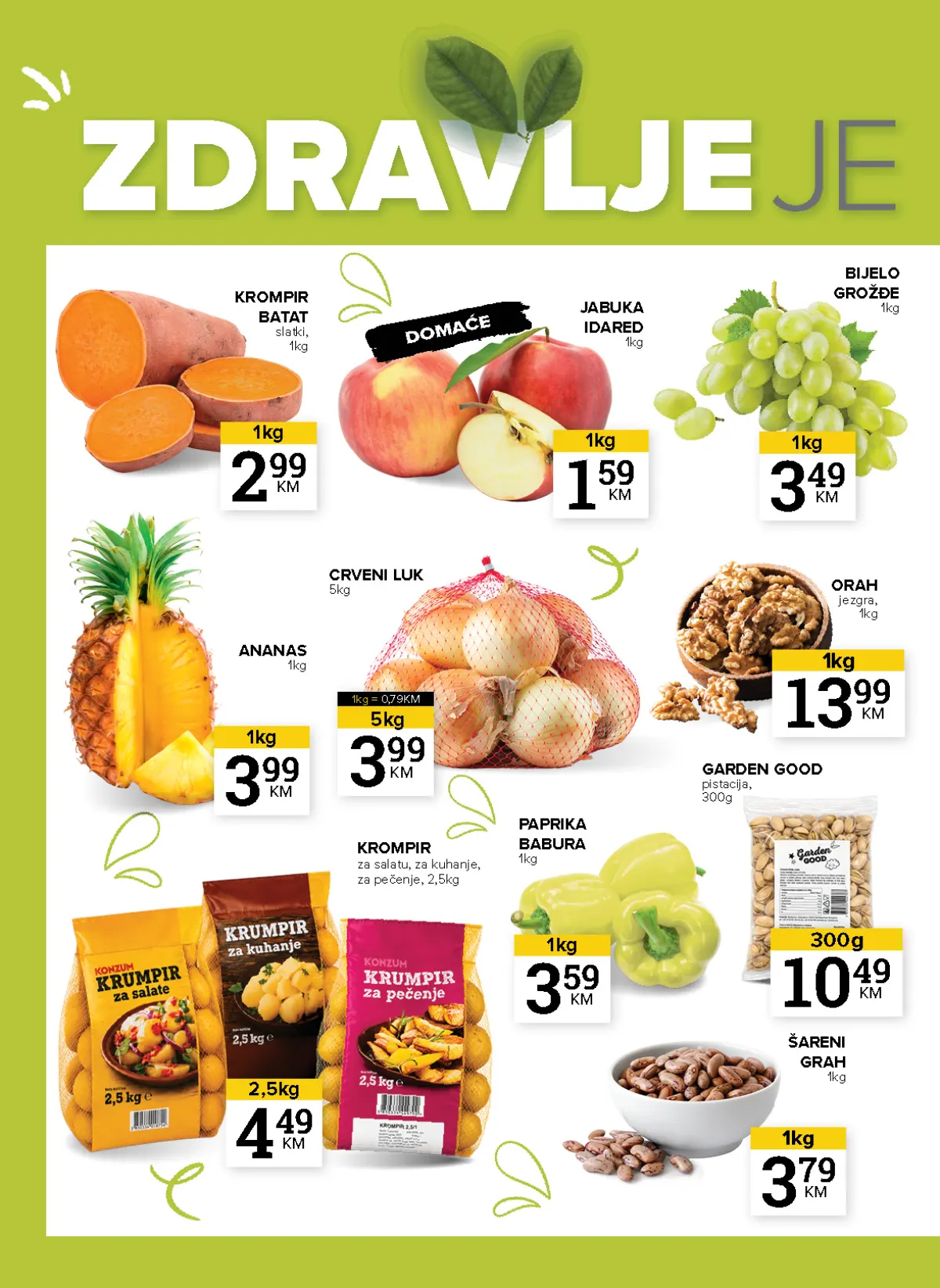 Konzum i Mercator katalog – stranica 8: voće i povrće Voće i povrće na akciji – jabuke Idared 1,59 KM/kg i crveni luk 3,99 KM za 5 kg