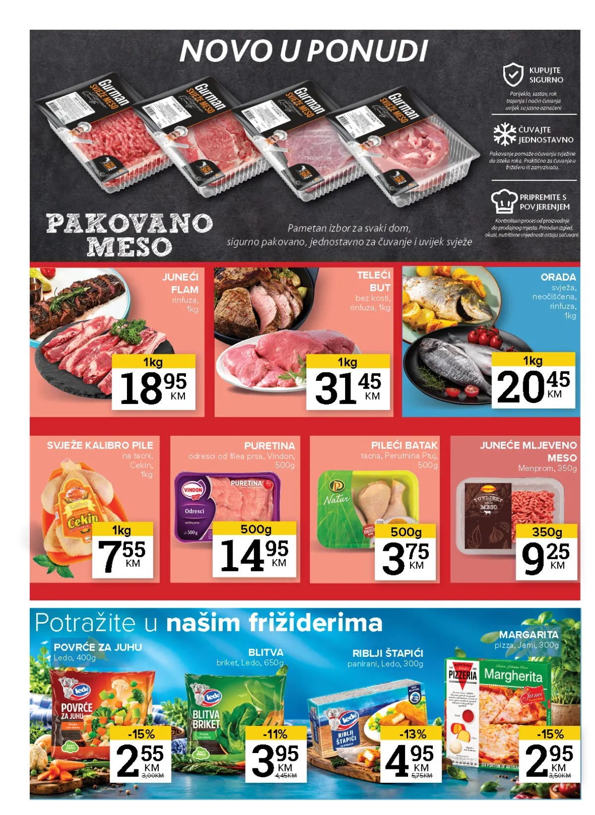 Konzum i Mercator katalog – stranica 10: meso i riba Juneći flam 18,95 KM/kg, teleći but 31,45 KM/kg i ponuda ribe i zamrznute hrane