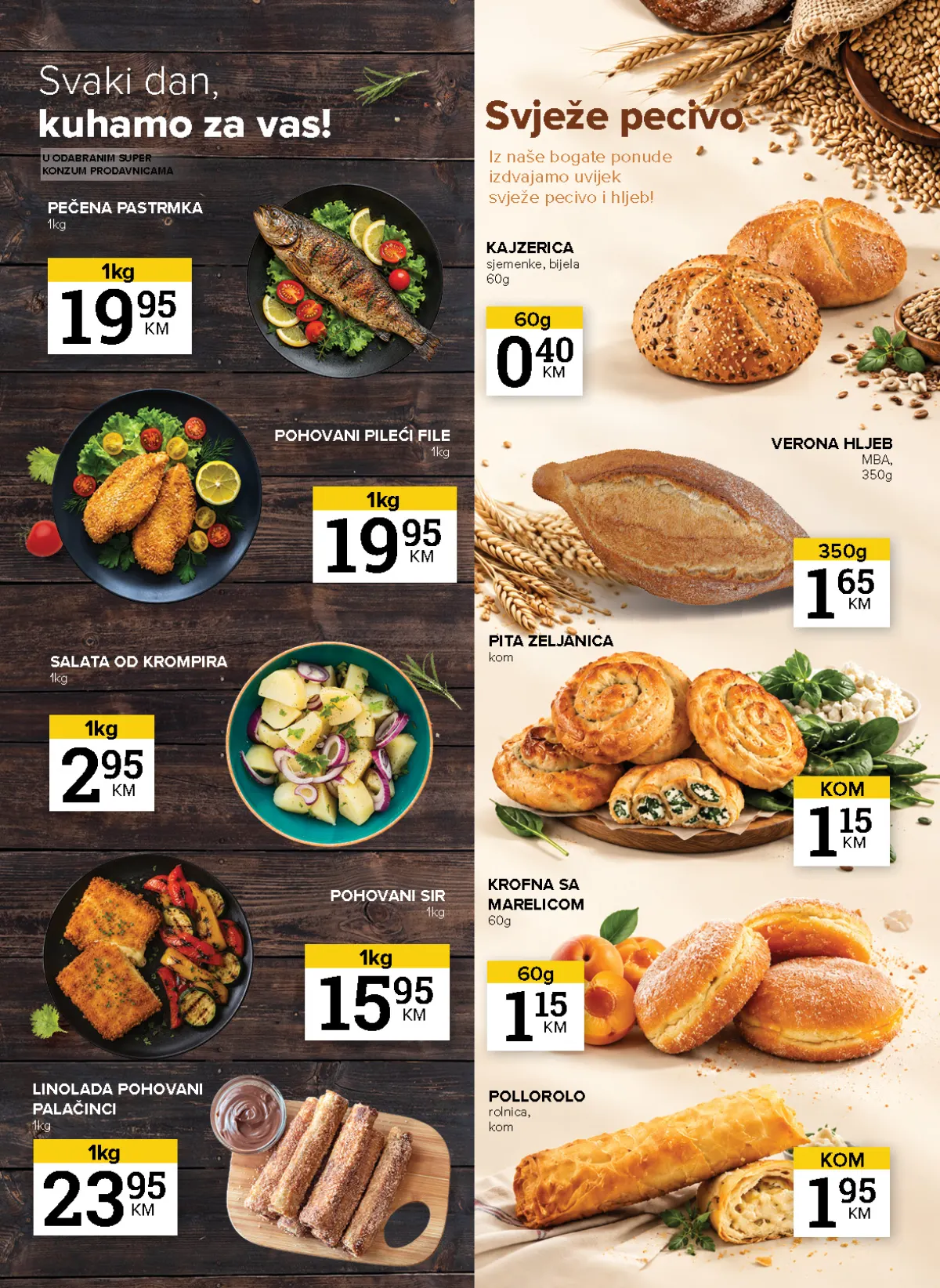 Konzum i Mercator katalog – stranica 11: gotova jela i pecivo Pečena pastrmka 19,95 KM/kg i kajzerica 0,40 KM u ponudi gotovih jela i peciva