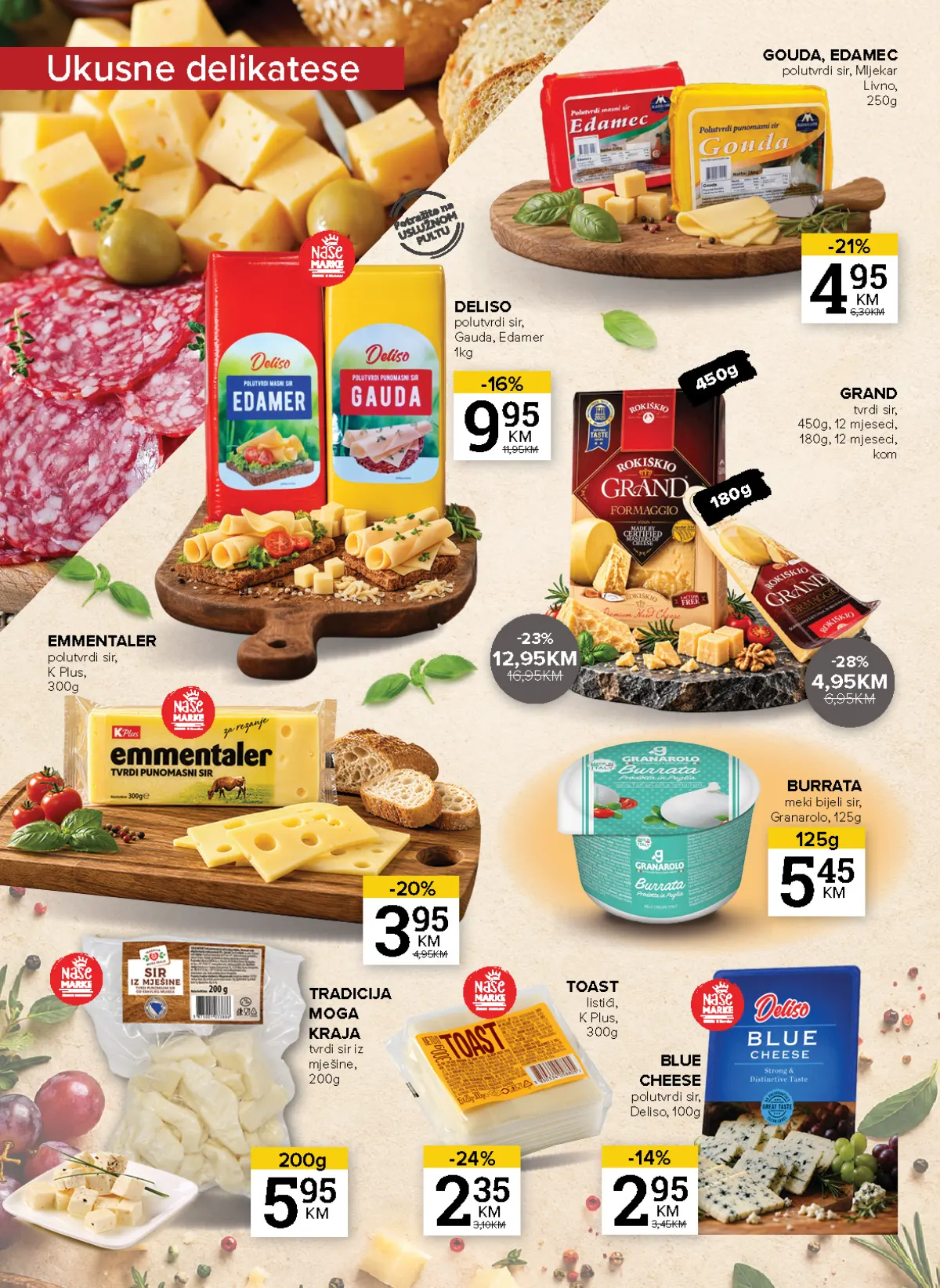 Konzum i Mercator katalog – stranica 12: sirevi Mljekara Livno Gouda i Edamec 250 g za 4,95 KM i Deliso sir 9,95 KM/kg
