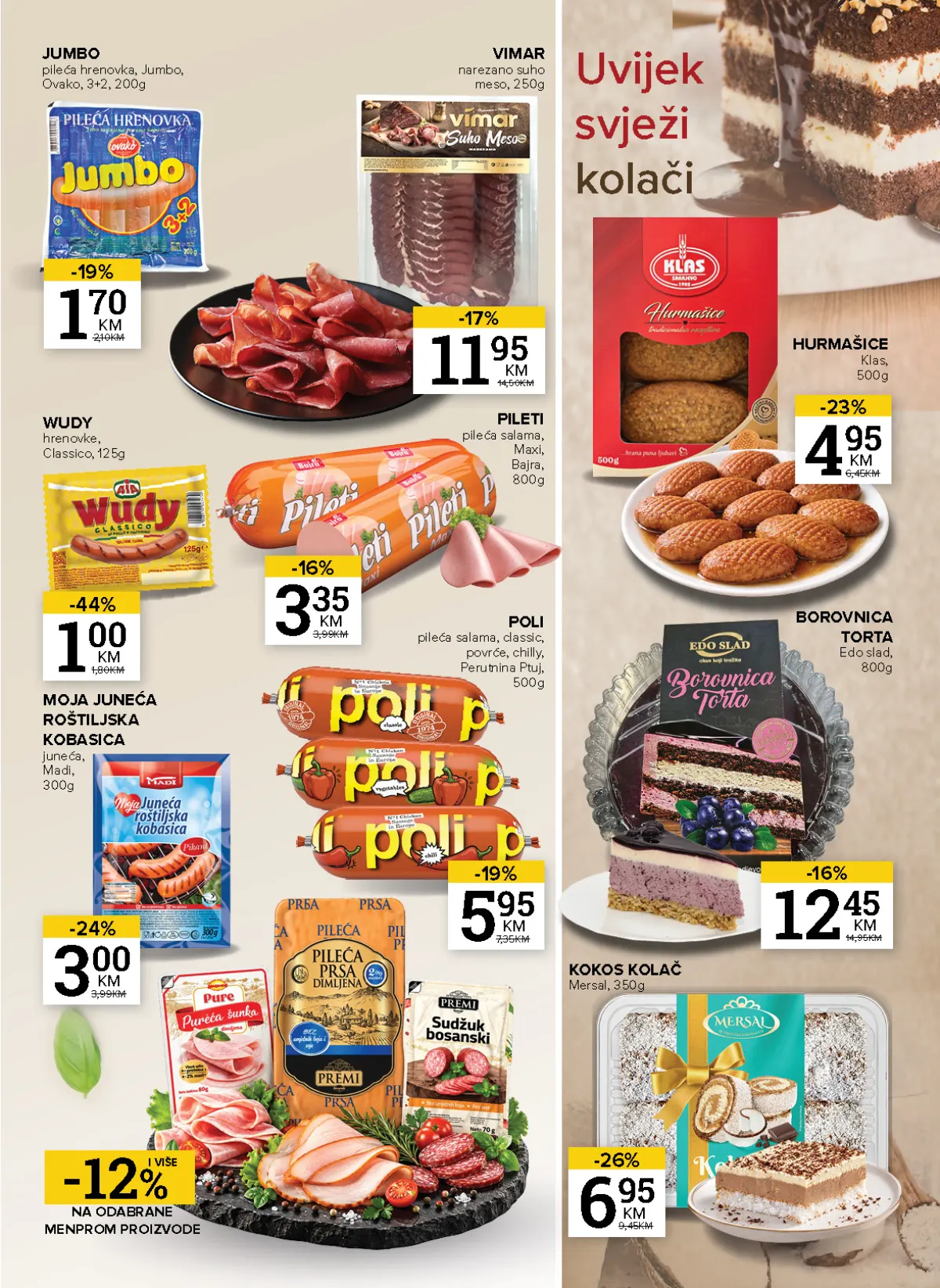 Konzum i Mercator katalog – stranica 13: mesne prerađevine i kolači Wudy Classico hrenovke 1,00 KM i Klas hurmašice 4,95 KM na akciji