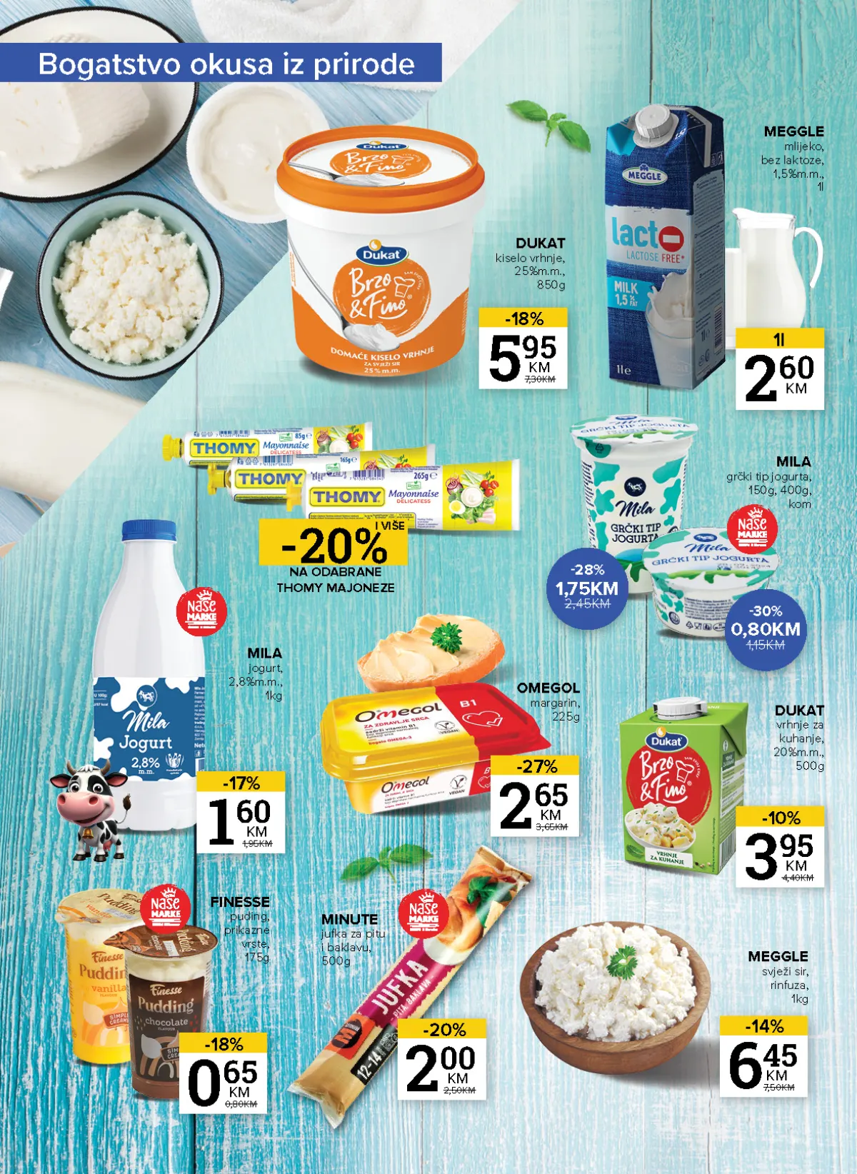 Konzum i Mercator katalog – stranica 14: mliječni proizvodi Meggle mlijeko bez laktoze 2,60 KM i Mila jogurt 1,60 KM na akciji