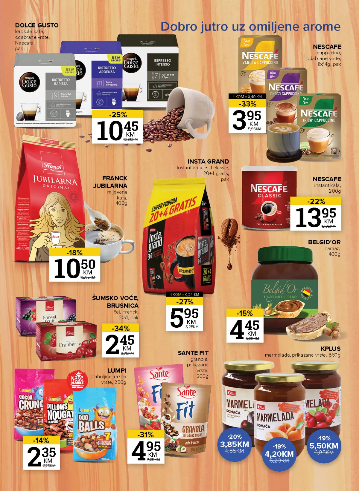 Konzum i Mercator katalog – stranica 15: kafa i doručak Franck Jubilarna kafa 400 g za 10,50 KM i Nescafé Classic 200 g za 13,95 KM