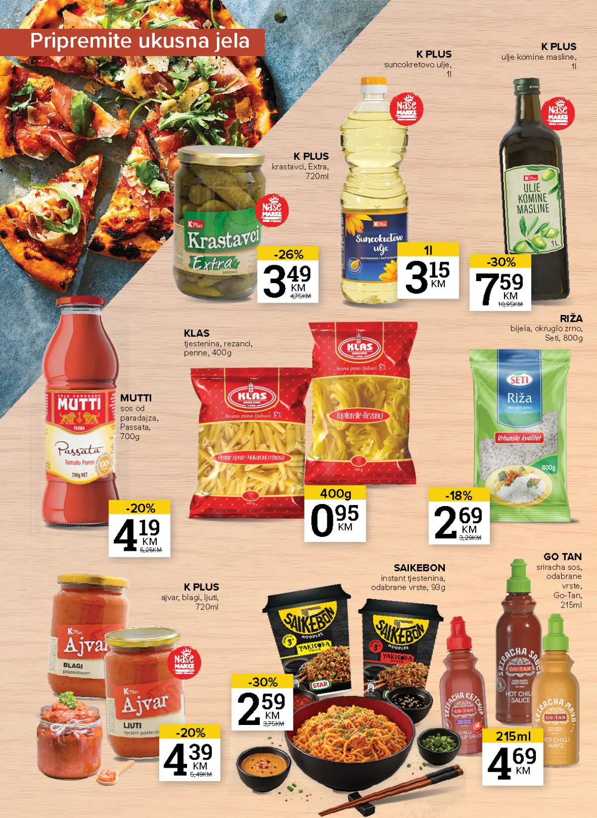 Konzum i Mercator katalog – stranica 16: ulje, tjestenina i dodaci jelima K Plus suncokretovo ulje 3,15 KM i Klas tjestenina 400 g za 0,95 KM