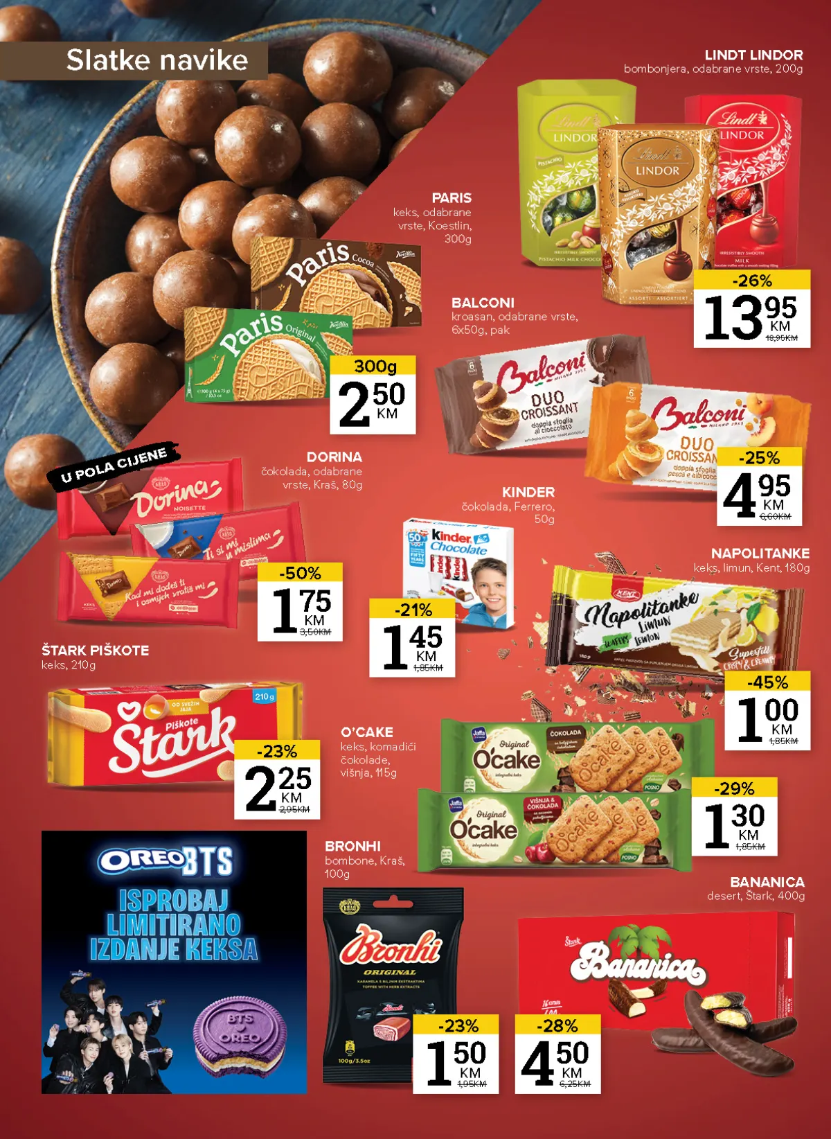 Konzum i Mercator katalog – stranica 18: slatkiši Dorina čokolada 80 g za 1,75 KM i Kent napolitanke 180 g za 1,00 KM
