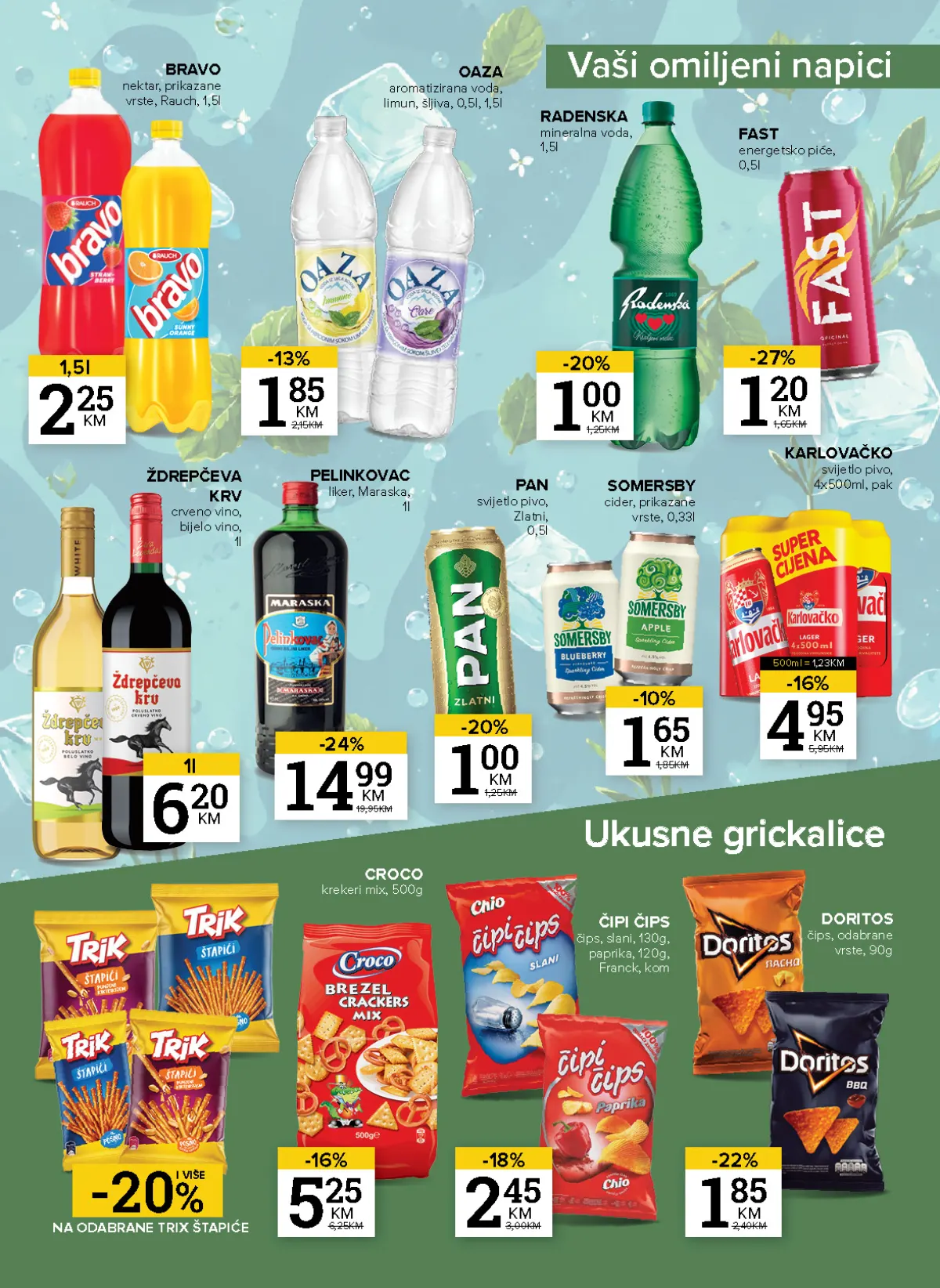 Konzum i Mercator katalog – stranica 19: pića i grickalice Radenska mineralna voda 1,5 l za 1,00 KM i Doritos grickalice 90 g za 1,85 KM