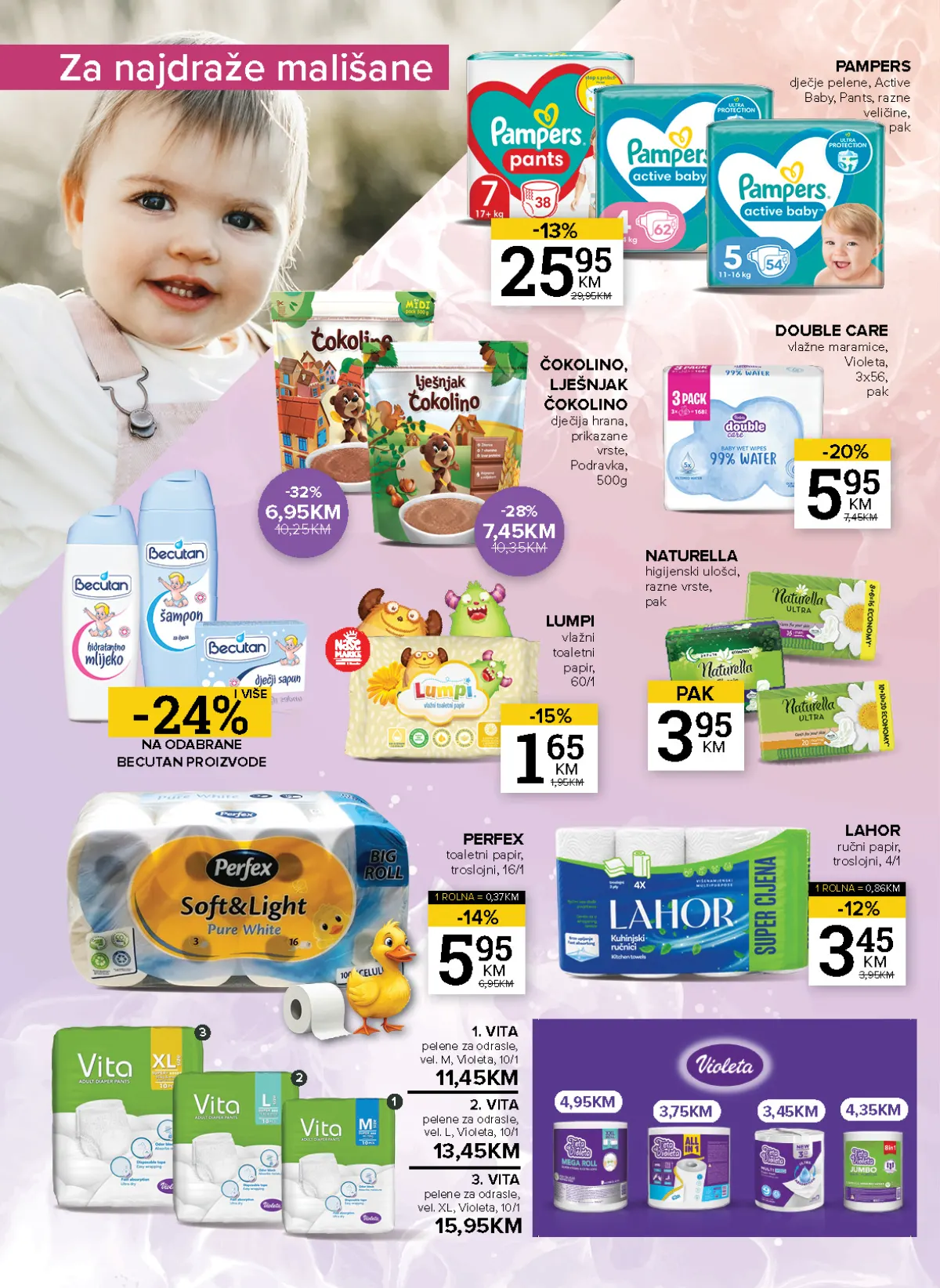 Konzum i Mercator katalog – stranica 20: dječija hrana i higijena Pampers pelene 25,95 KM i Čokolino 500 g za 6,95 KM na akciji