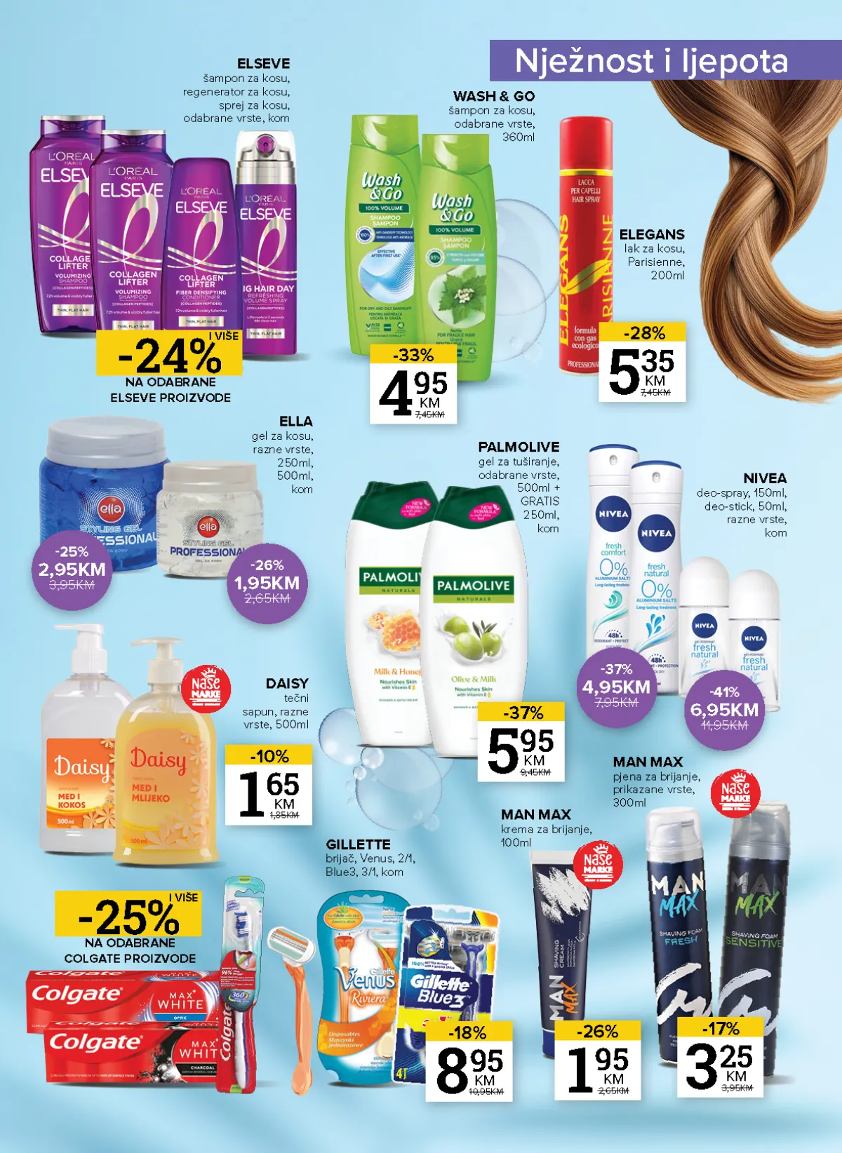 Konzum i Mercator katalog – stranica 21: lična njega Wash and Go šampon 4,95 KM i Palmolive gel za tuširanje 5,95 KM