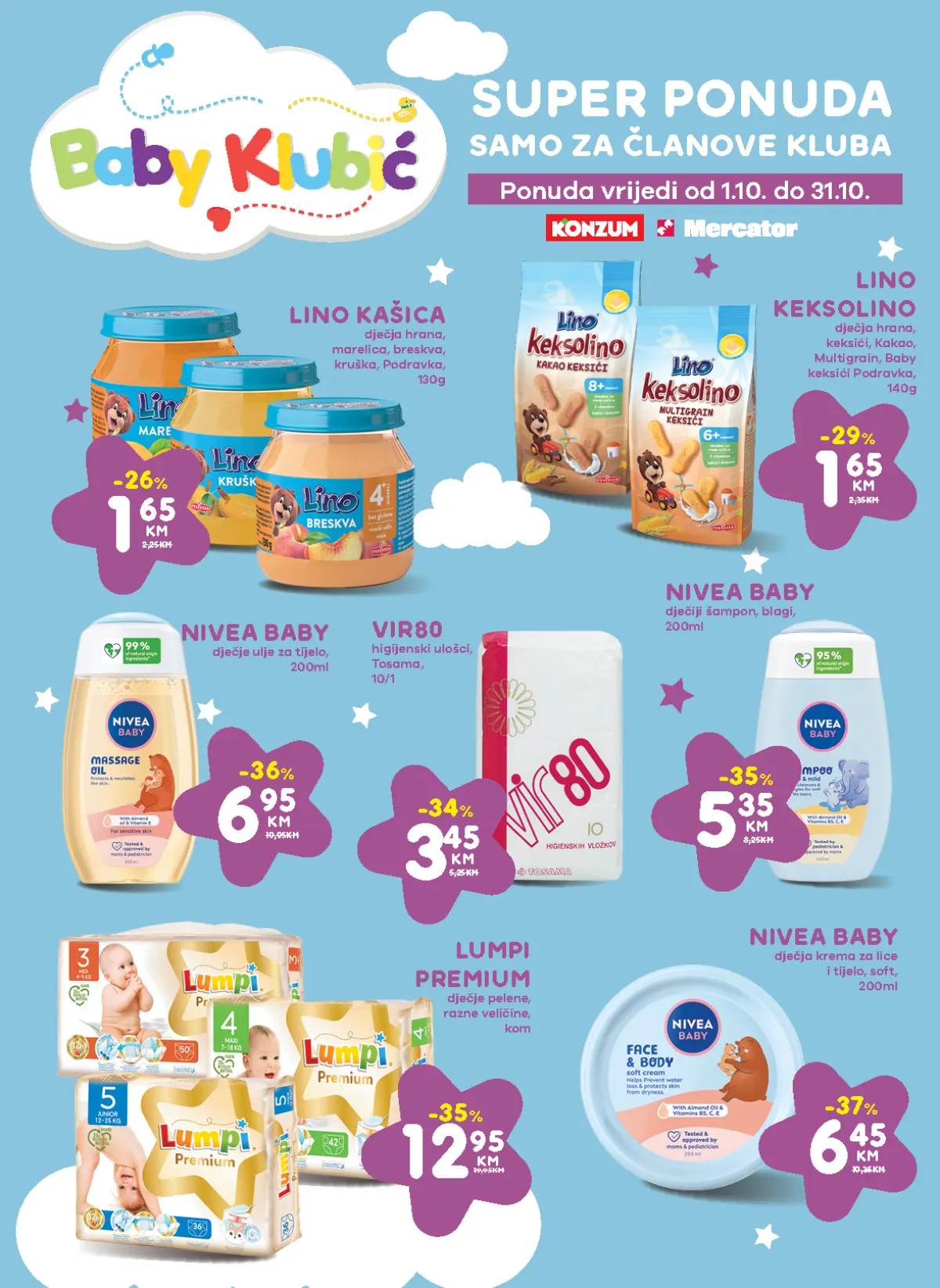 Konzum i Mercator katalog – stranica 22: Baby Klubić do 31.10.2026. Baby Klubić ponuda – Lino kašica 1,65 KM i Lumpi Premium pelene 12,95 KM za članove