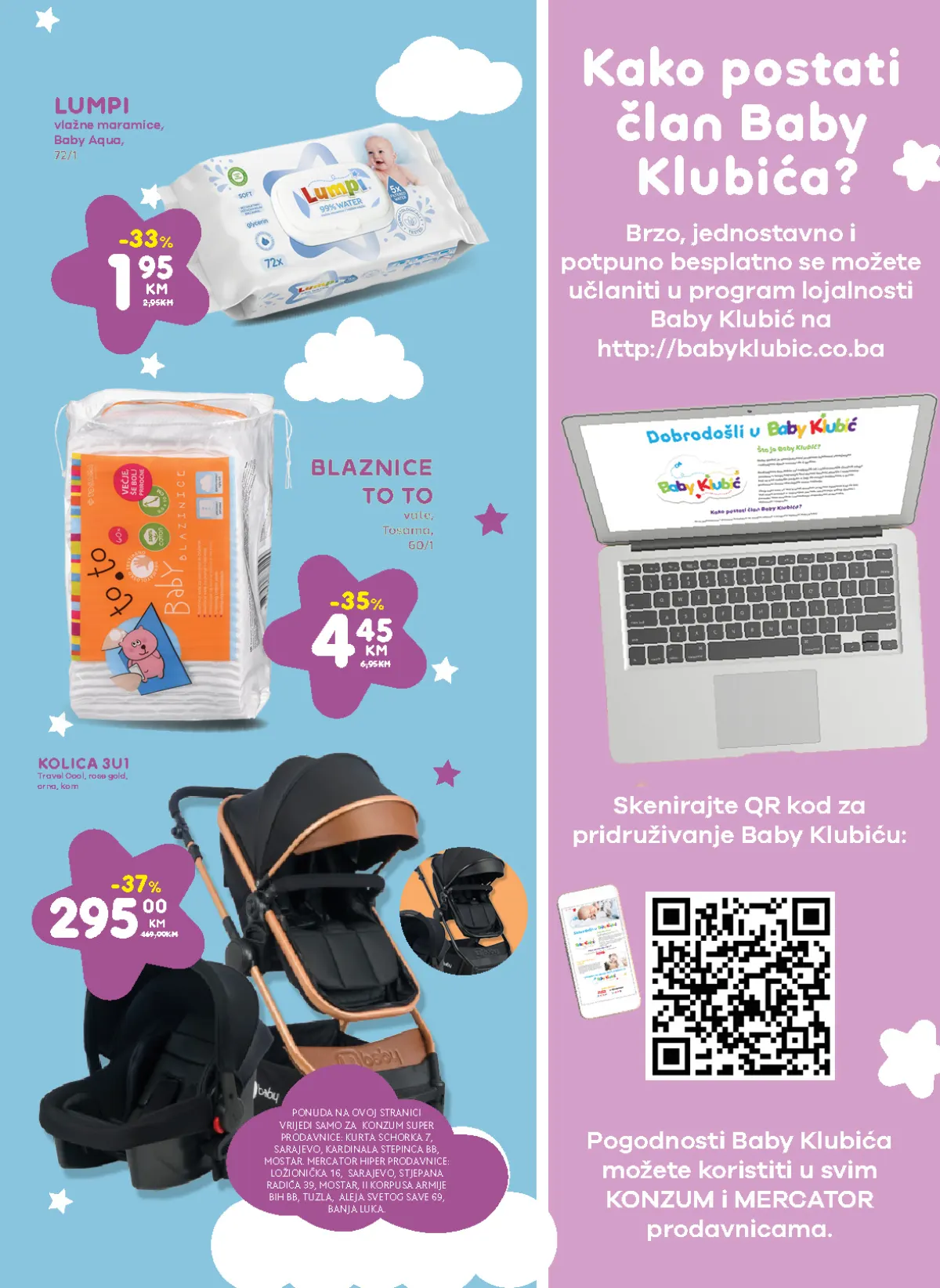 Konzum i Mercator katalog – stranica 23: Baby Klubić pogodnosti Lumpi Baby Aqua vlažne maramice 1,95 KM i To To blaznice 4,45 KM u Baby Klubić ponudi