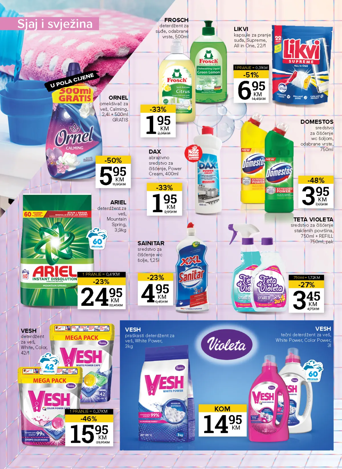 Konzum i Mercator katalog – stranica 24: kućna hemija Ornel omekšivač 5,95 KM i Likvi kapsule za pranje suđa 22 komada za 6,95 KM