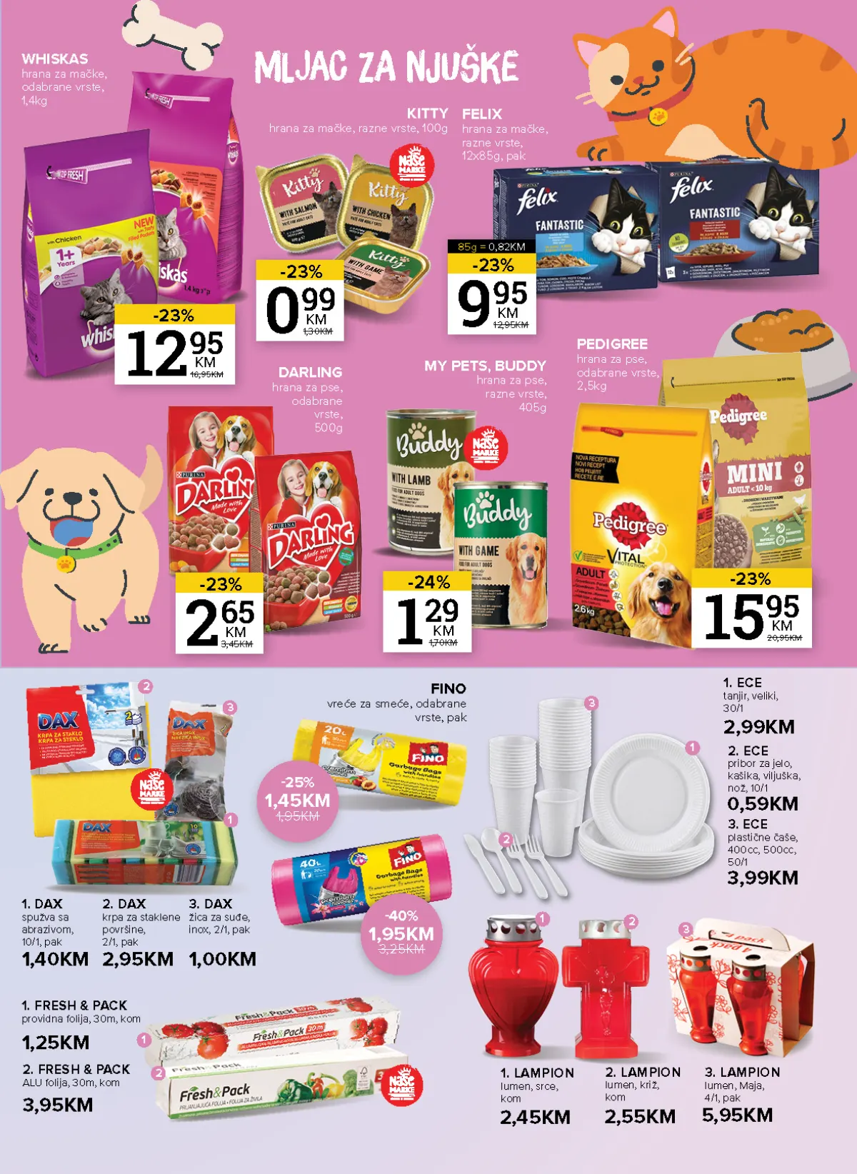 Konzum i Mercator katalog – stranica 25: ljubimci i domaćinstvo Whiskas hrana za mačke 1,4 kg za 12,95 KM i Pedigree hrana za pse 2,5 kg za 15,95 KM