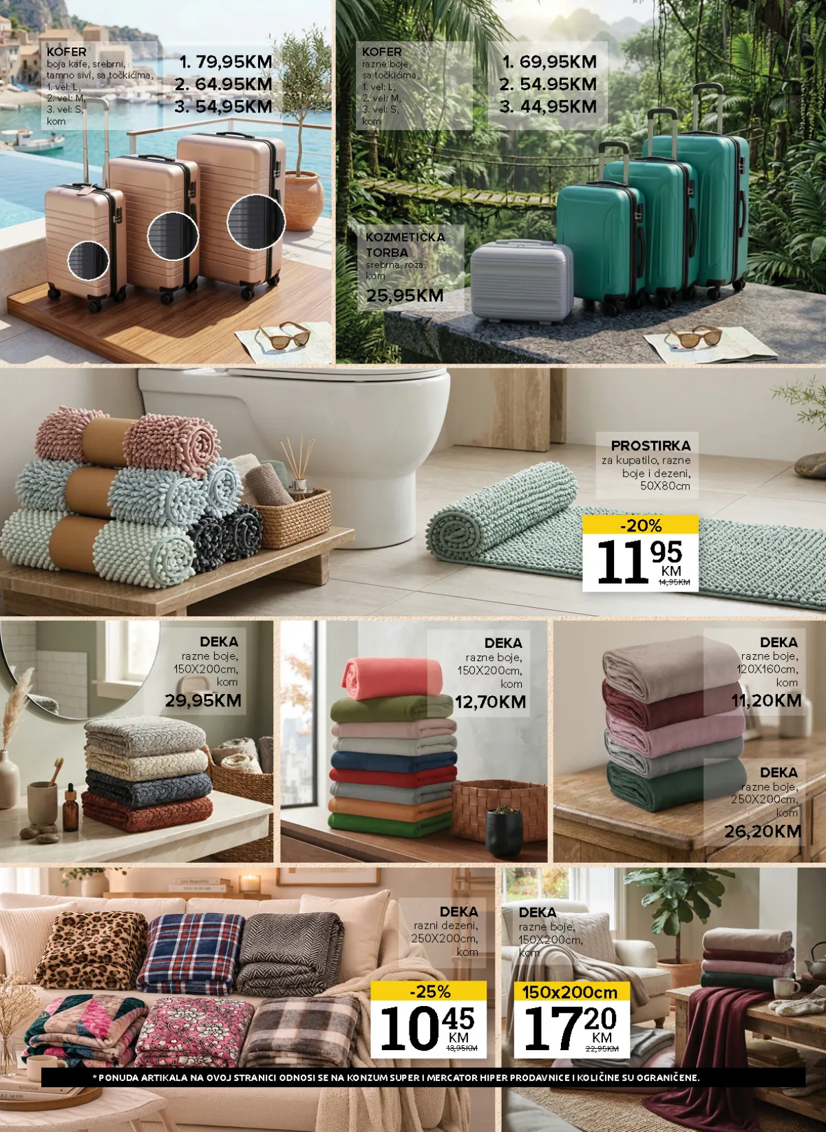 Konzum i Mercator katalog – stranica 26: koferi i tekstil Kofer veličine S za 44,95 KM i prostirka za kupatilo 50 puta 80 cm za 11,95 KM
