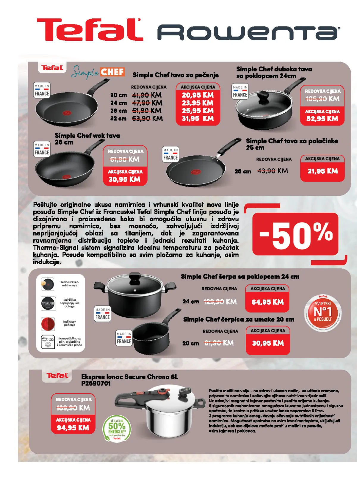 Konzum i Mercator katalog – stranica 28: Tefal posuđe Tefal Simple Chef tava 20 cm za 20,95 KM i šerpa s poklopcem 24 cm za 64,95 KM