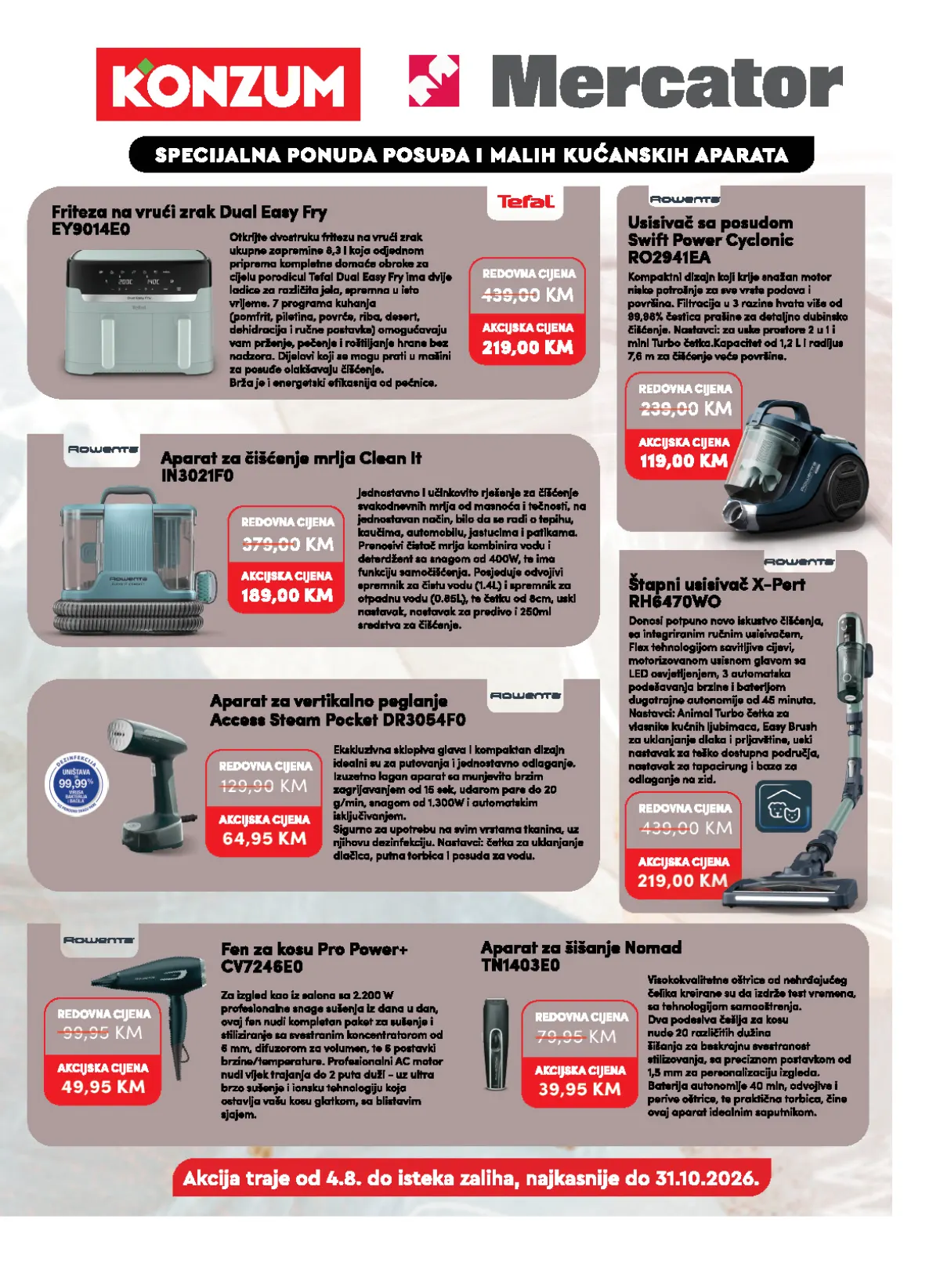 Konzum i Mercator katalog – stranica 29: Tefal i Rowenta aparati Tefal Dual Easy Fry friteza 219,00 KM i Rowenta Swift Power Cyclonic usisivač 119,00 KM