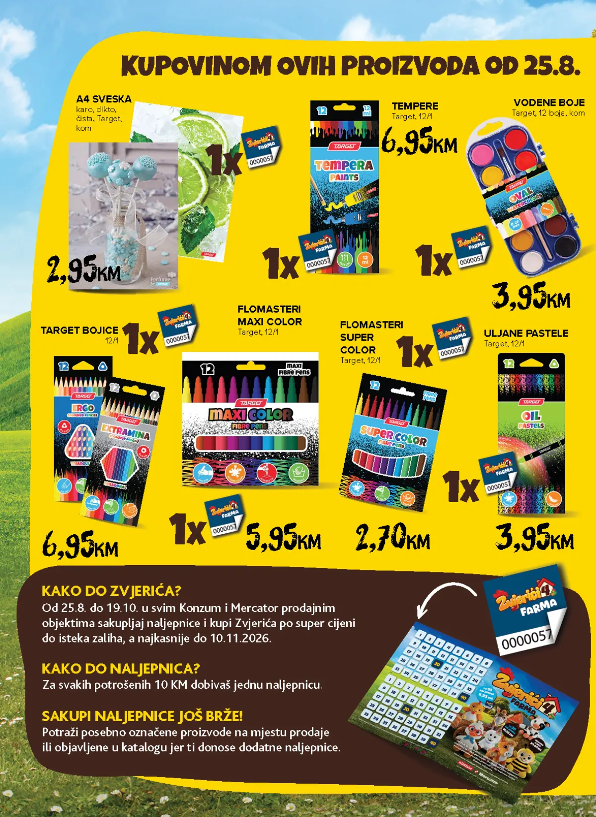 Konzum i Mercator katalog – stranica 30: školski pribor Target A4 sveska 2,95 KM i vodene boje 3,95 KM uz dodatne naljepnice