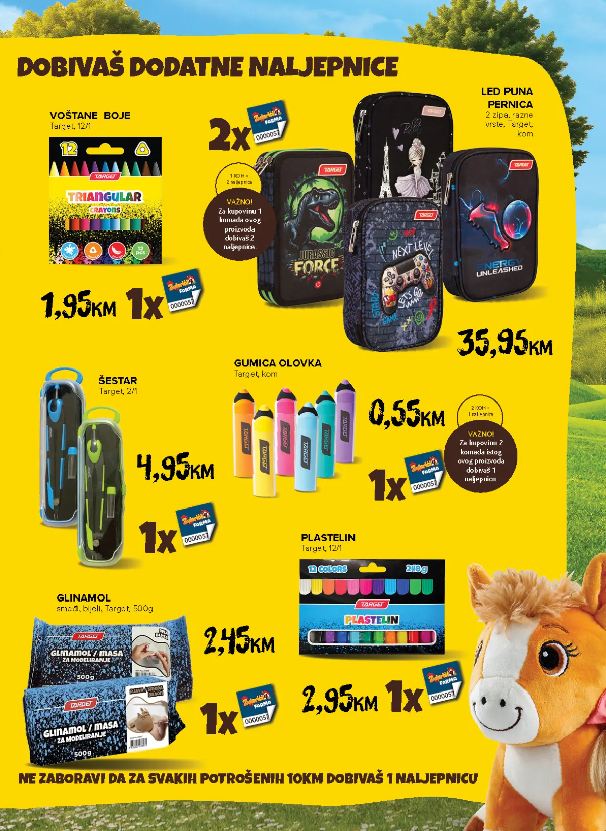 Konzum i Mercator katalog – stranica 31: pernice i pribor Target voštane boje 1,95 KM i gumica olovka 0,55 KM uz dodatne naljepnice