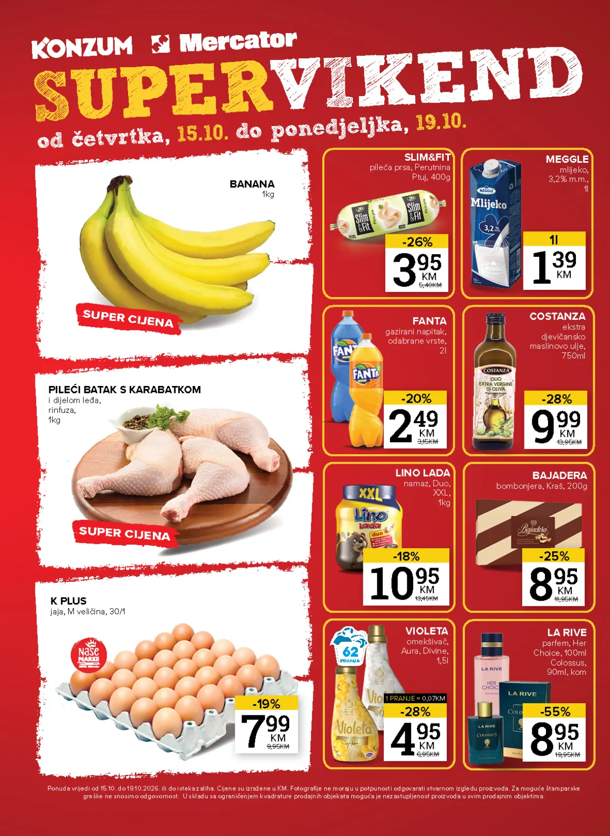 Konzum i Mercator Super vikend od 15. do 19.10.2026. – Meggle mlijeko 1,39 KM, jaja K Plus 30 komada 7,99 KM, Fanta 2,49 KM i La Rive parfemi 8,95 KM