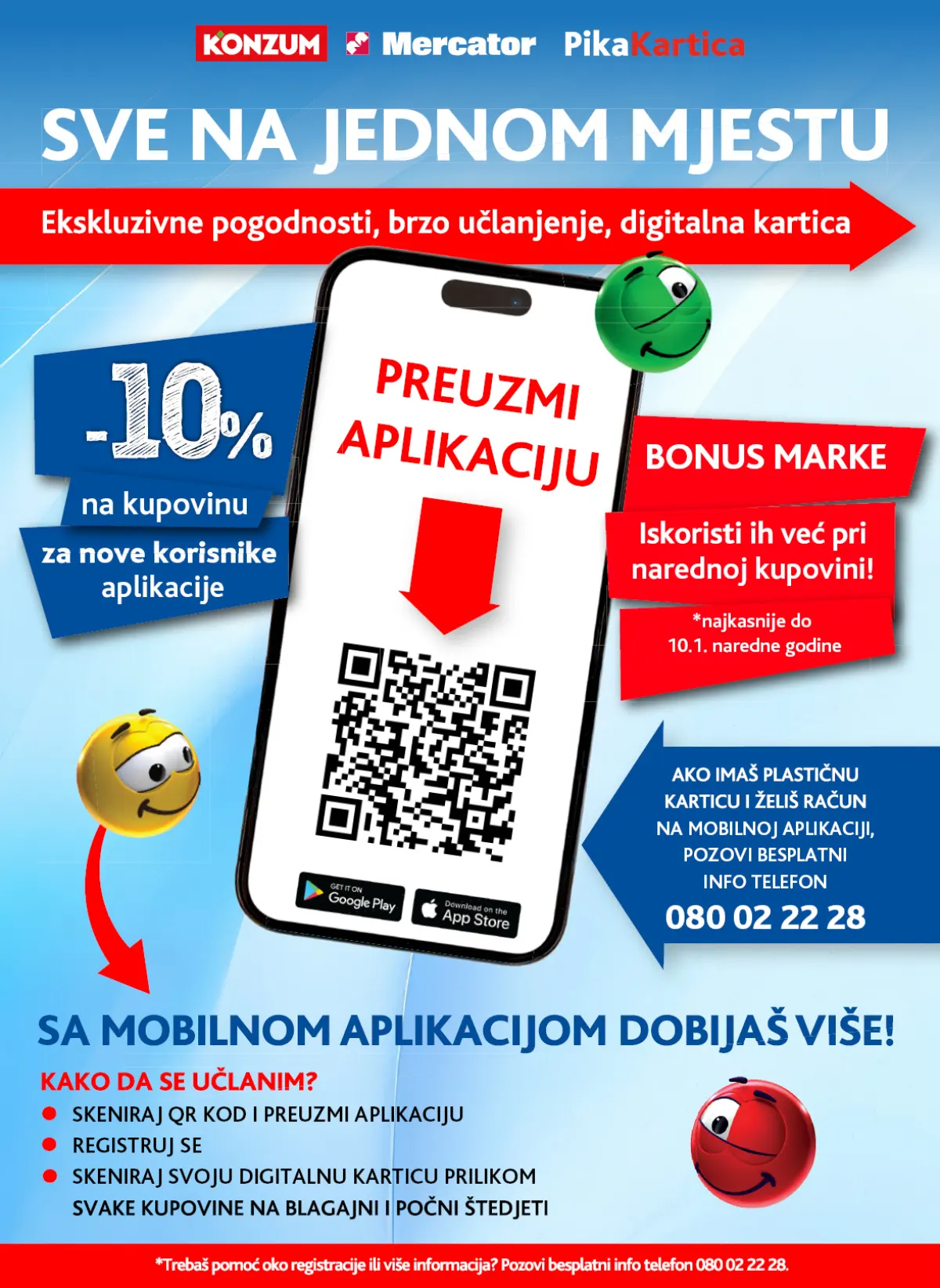Konzum i Mercator PikaKartica – 10% popusta za nove korisnike mobilne aplikacije, BONUS marke i dodatne pogodnosti