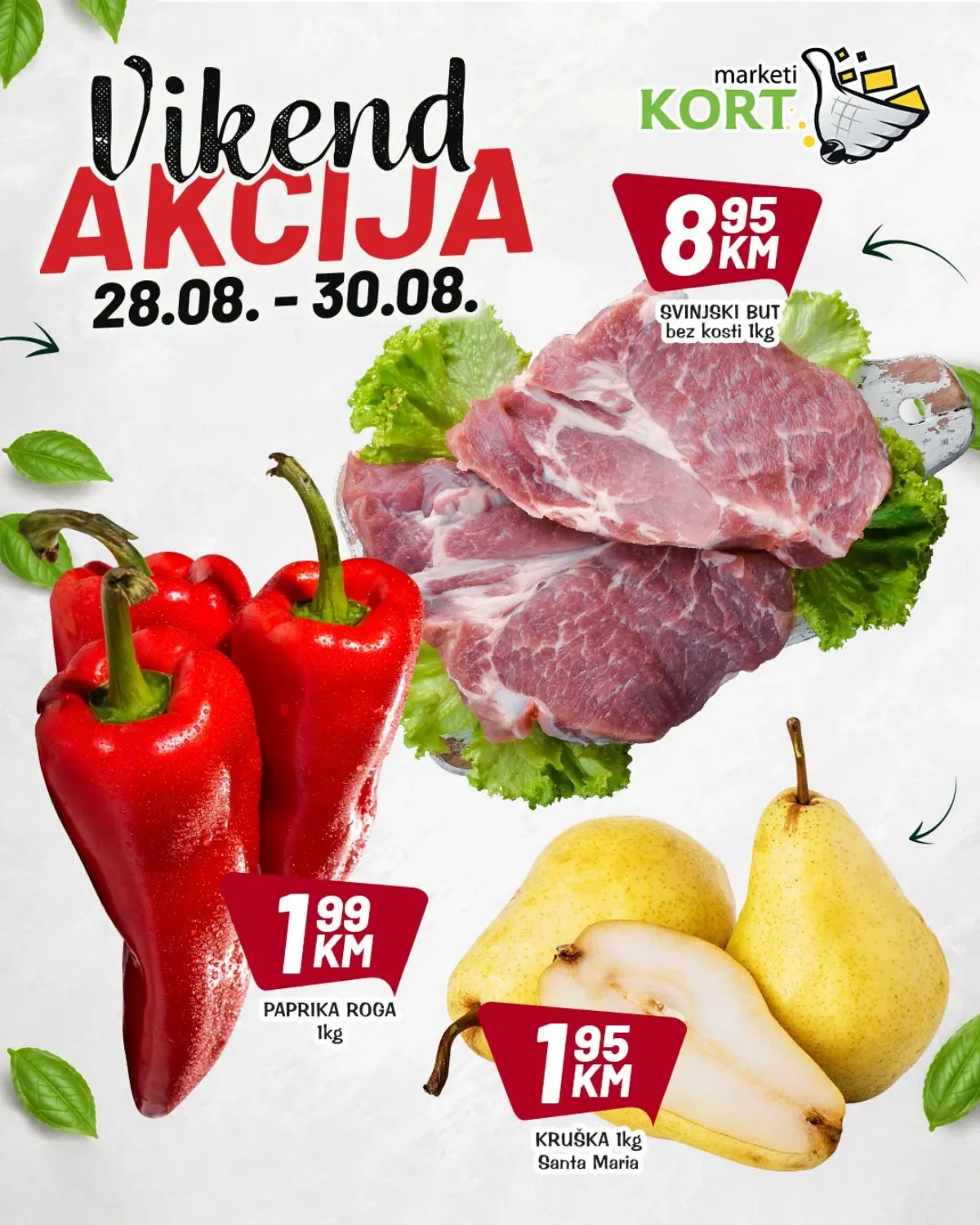 KORT vikend akcija od 28.08. do 30.08.2026. – svinjski but, paprika roga i kruška na akciji