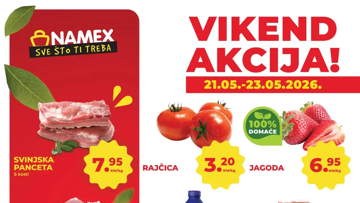 Namex vikend akcija 21-23.05.2026 – jagode 6,95 KM, panceta 7,95 KM i kafa Brazil 12,95 KM