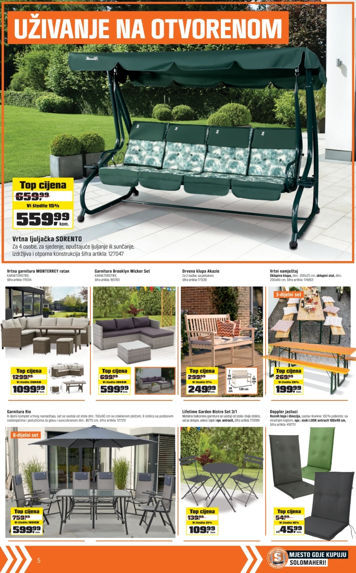 OBI katalog maj 2026 strana 5 – vrtne ljuljačke i garniture za terasu