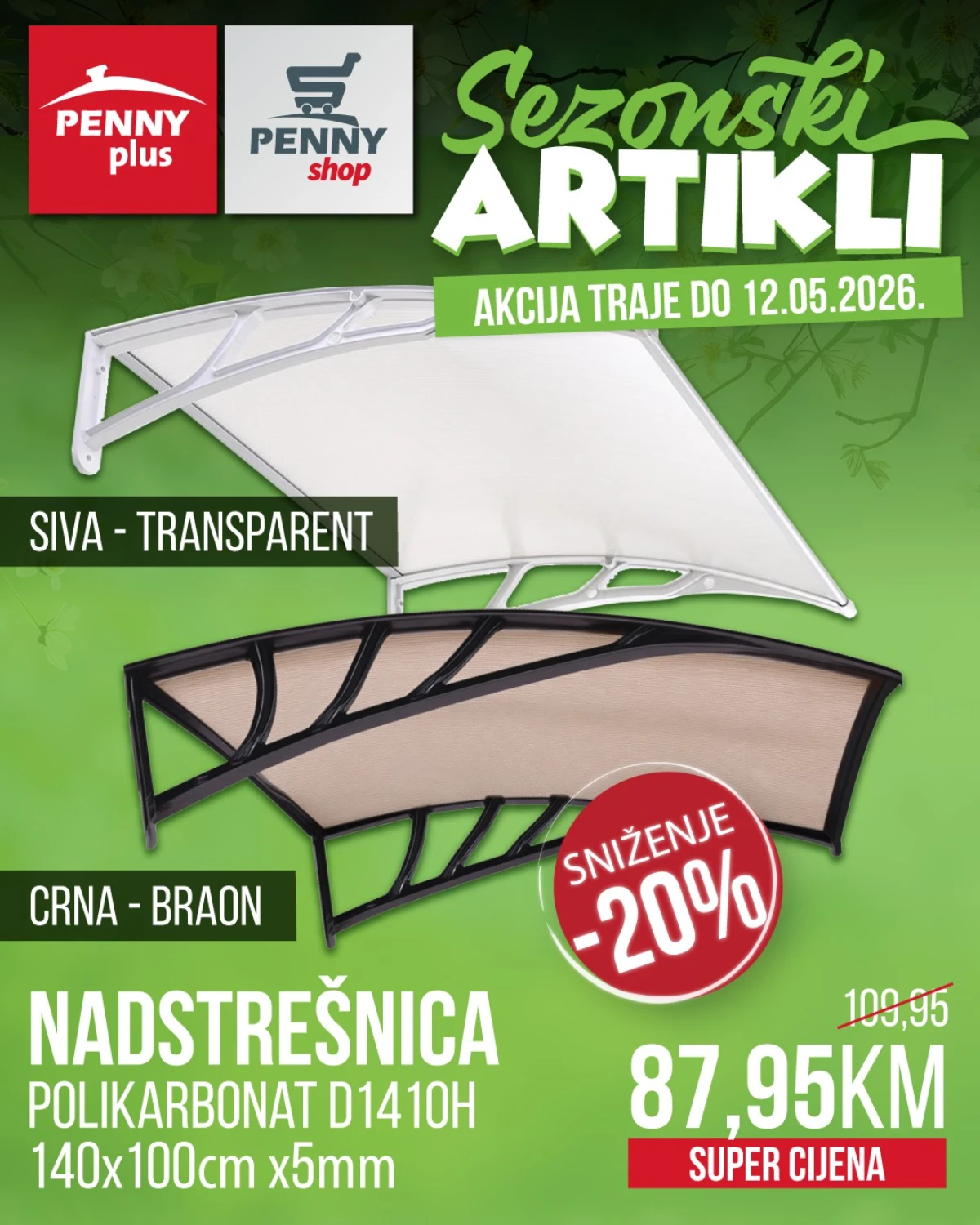 Penny Plus nadstrešnica polikarbonat 140x100 cm cijena 87,95 KM